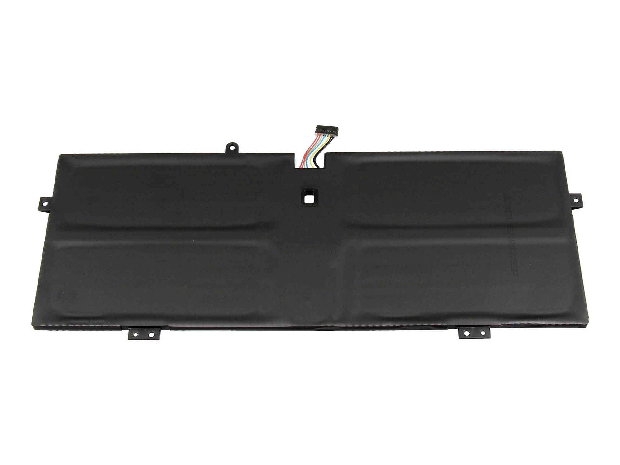 Batterie d'ordinateur portable noire de forme rectangulaire avec câble de connecteur attaché, présentée en isolation sur un fond blanc.