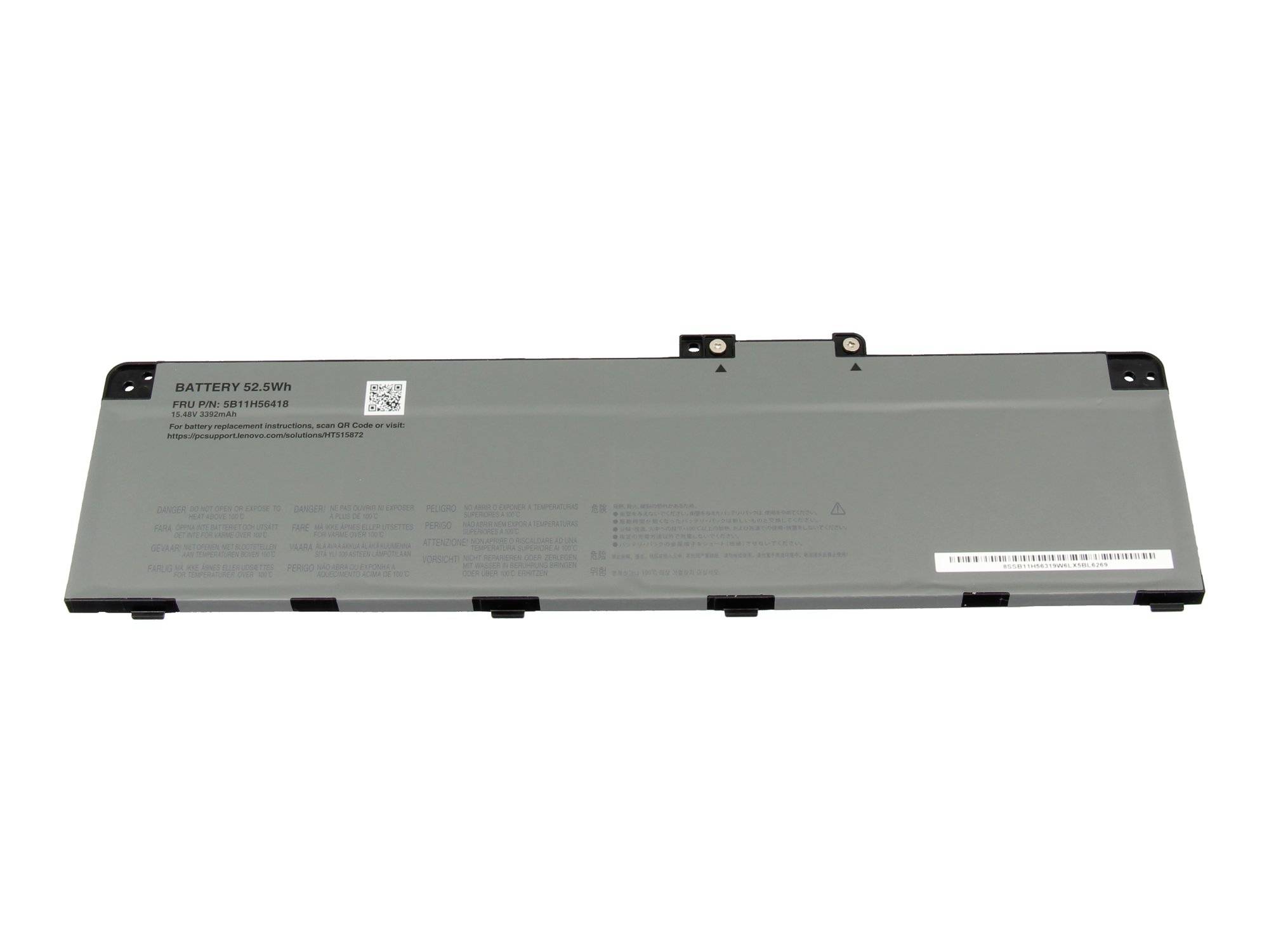 Pack de batterie pour ordinateur portable gris avec languettes de montage et ports de connecteur, présenté sur un fond blanc.