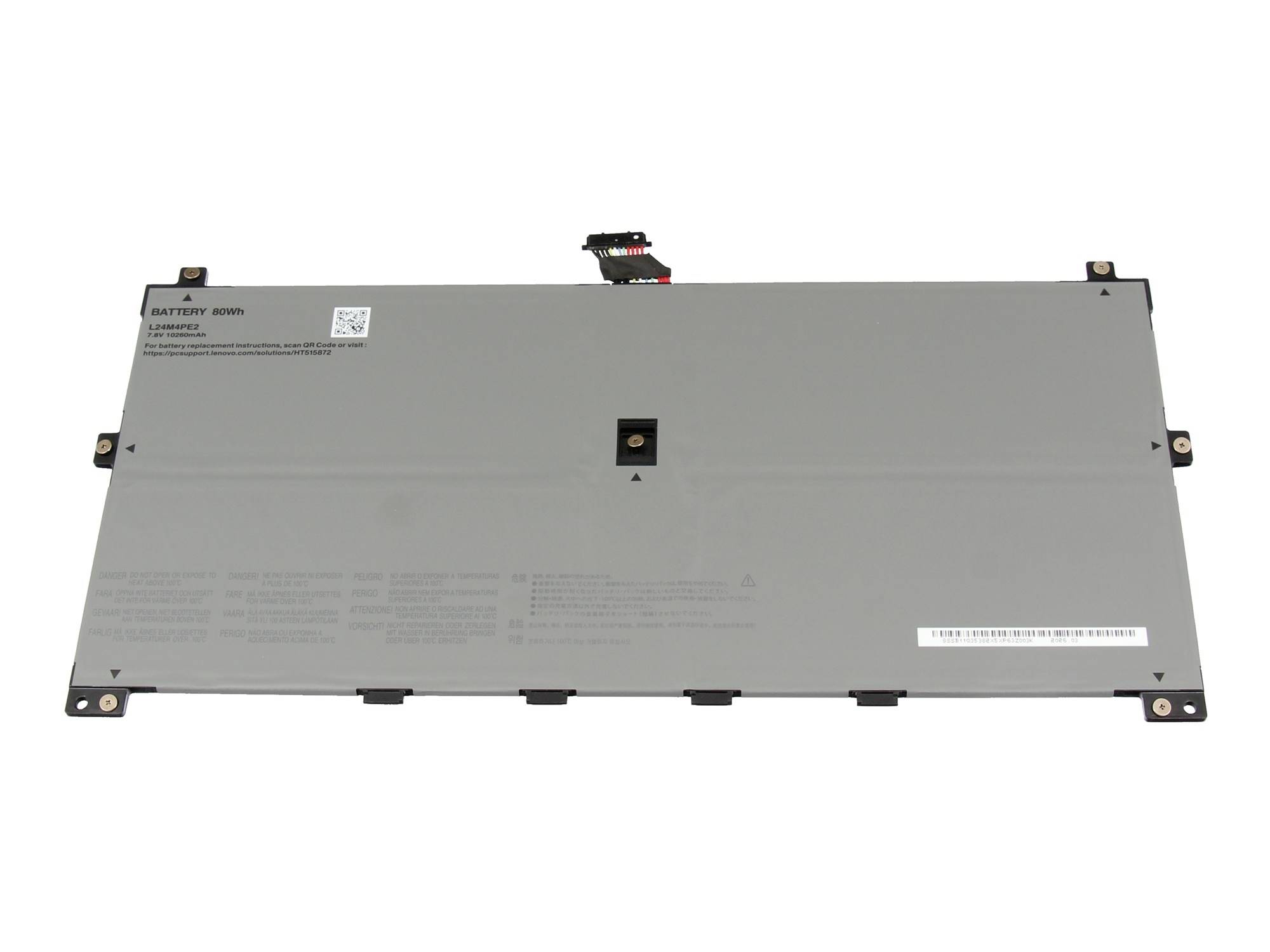 Batterie rectangulaire de grande taille ou module de batterie pour ordinateur portable sur un fond blanc, avec connecteurs et pattes de montage visibles.