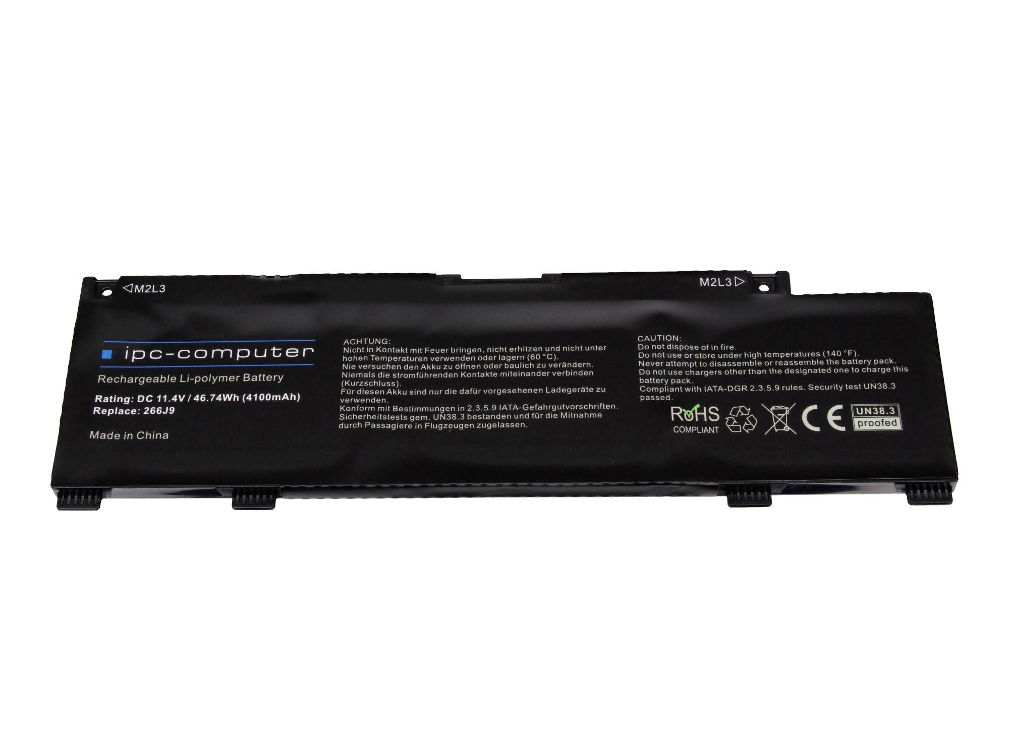 Batterie d'ordinateur portable noire portant l'étiquette « ipc-computer » sur fond blanc, avec texte d'avertissement et de certification sur le boîtier.