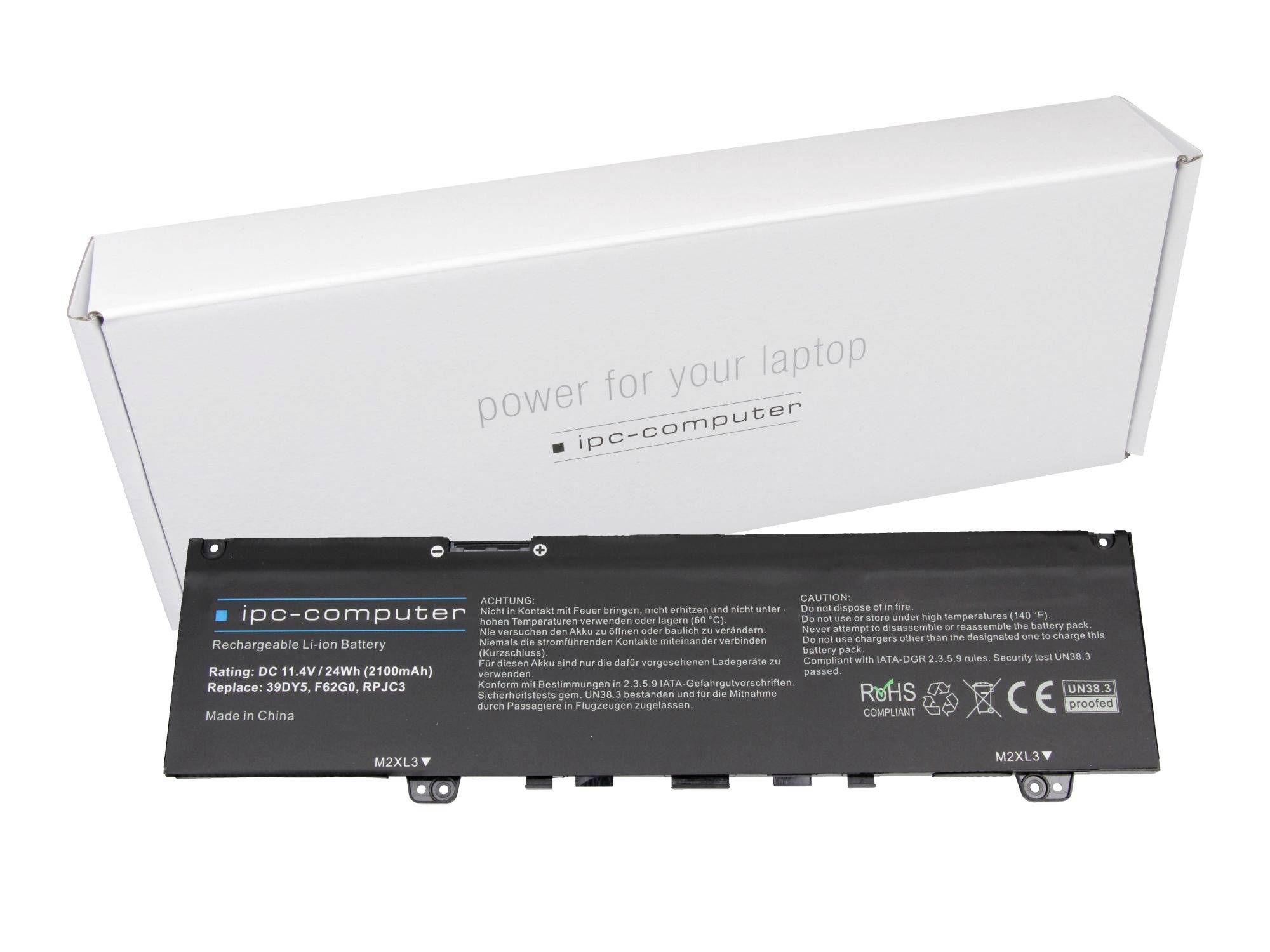 Batterie de remplacement pour ordinateur portable présentée avec sa boîte de vente au détail blanche, étiquetée « alimentation pour votre ordinateur portable » et ipc-computer.