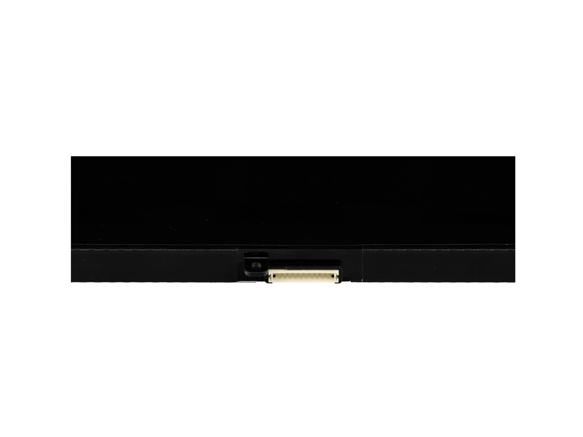 Gros plan du bord inférieur d'un écran noir montrant un port connecteur centré sur un fond blanc.