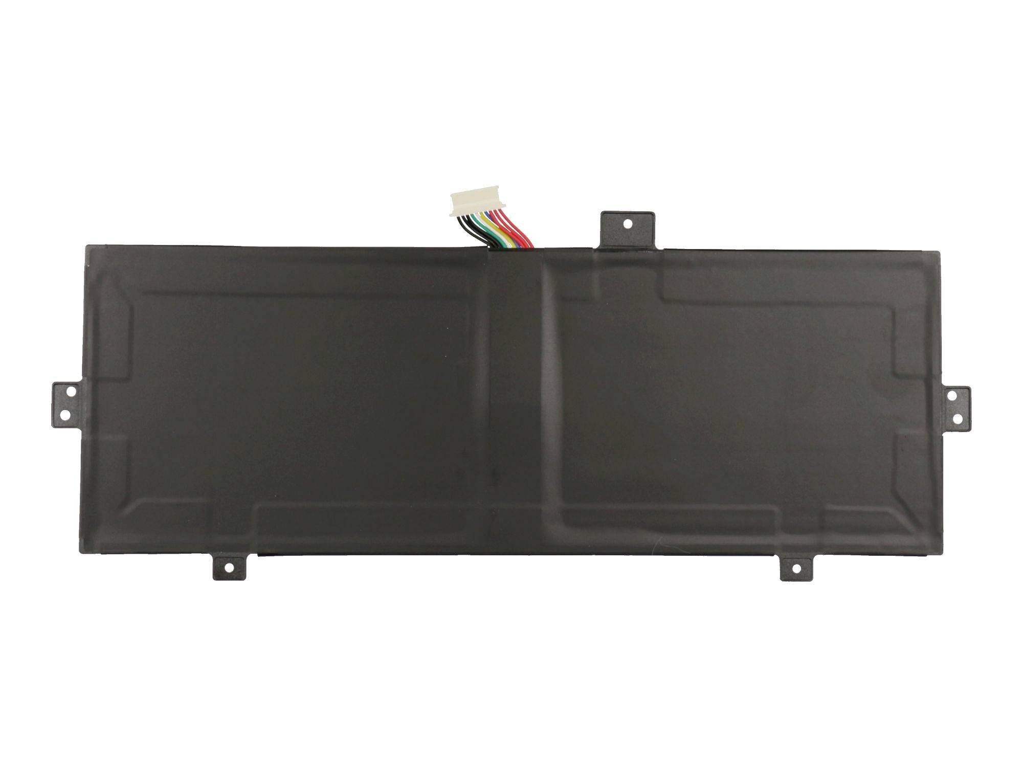 Batterie d'ordinateur portable rectangulaire noire avec connecteur multicolore et pattes de montage sur fond blanc