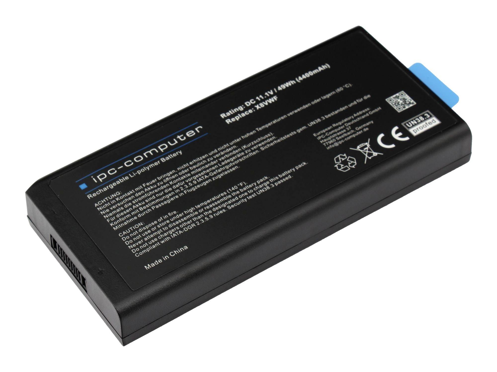 Batterie rechargeable Li-ion noire étiquetée « ipc-computer » avec languette de tirage bleue, présentée sur un fond blanc.