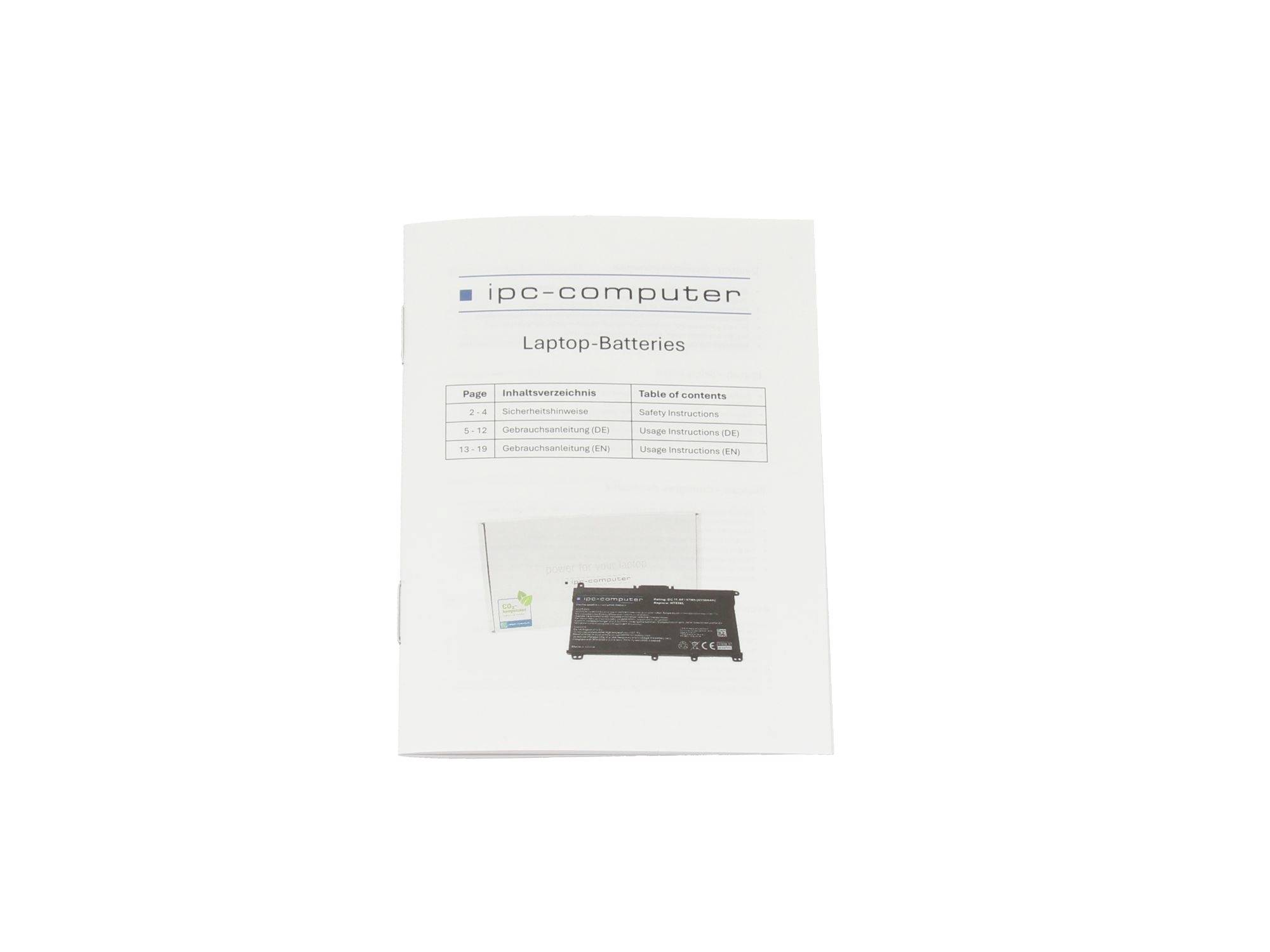 Couverture d'une brochure intitulée « ipc-computer » et « Laptop-Batteries », montrant un petit tableau de compatibilité des batteries et une photo d'une batterie d'ordinateur portable.