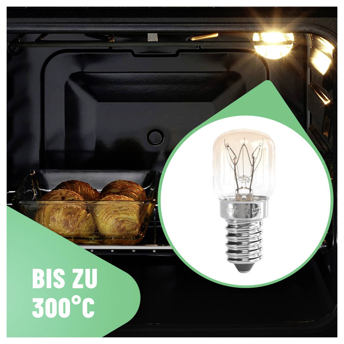 Intérieur du four avec des pâtisseries cuites et une icône d'ampoule, étiquetée « JUSQU'À 300°C » pour indiquer une utilisation résistant à la chaleur jusqu'à 300°C.