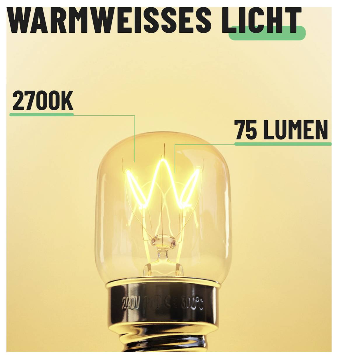 Graphique d'ampoule lumineuse blanche étiqueté « LUMIÈRE BLANCHE », « 2700K », et « 75 LUMENS », montrant une ampoule brillant chaleureusement.