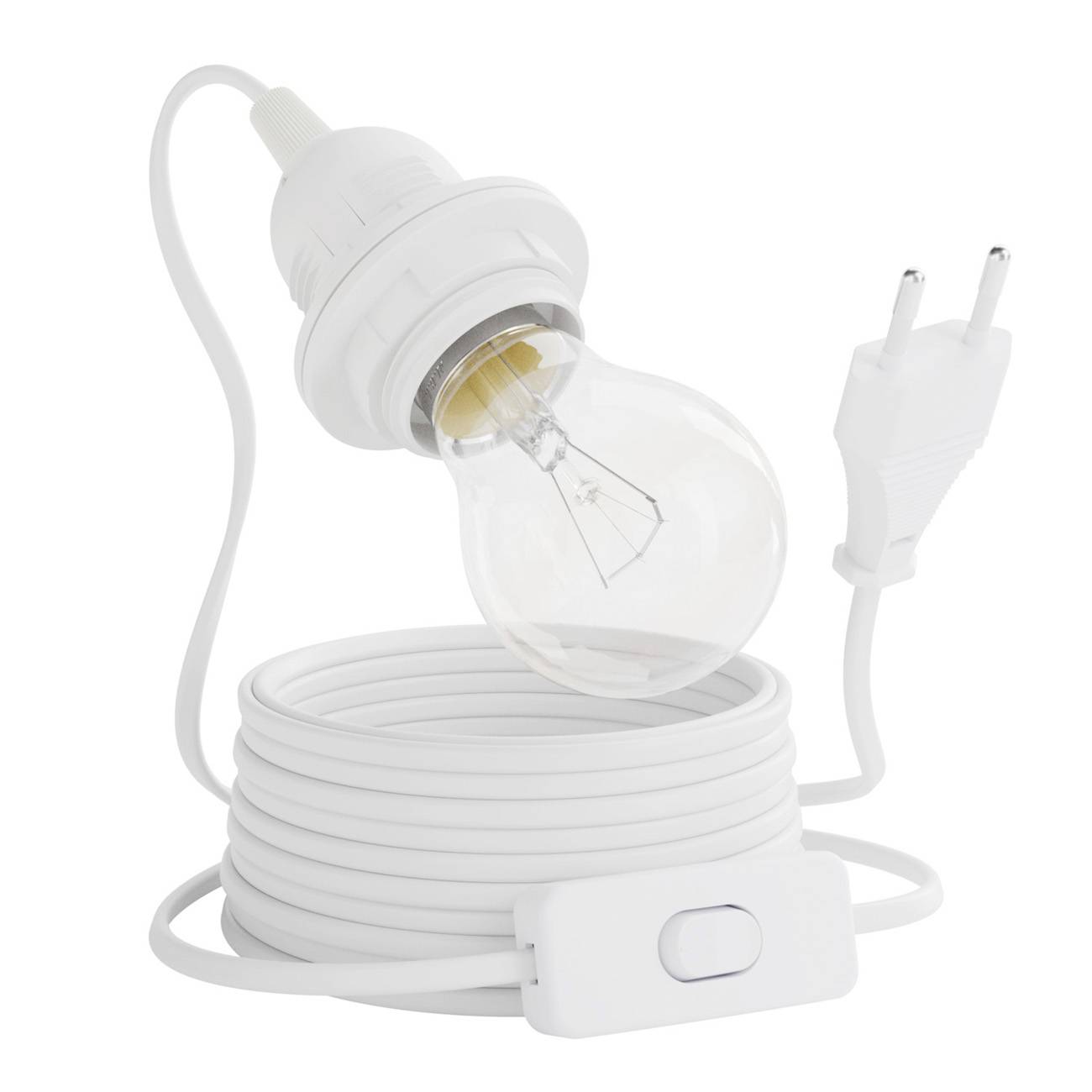 Ampoule électrique blanche avec cordon enroulé et interrupteur intégré sur fond blanc, présentée comme un ensemble d'assemblage de lampe électrique.