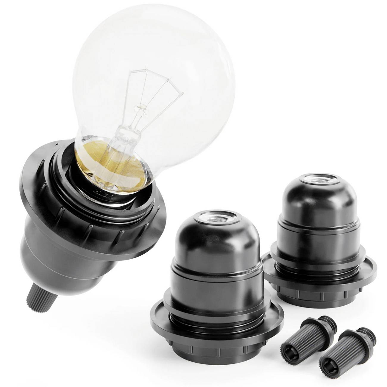 Trois supports de lampe noirs avec une ampoule lumineuse transparente dans une douille et deux petits connecteurs à vis sur fond blanc.