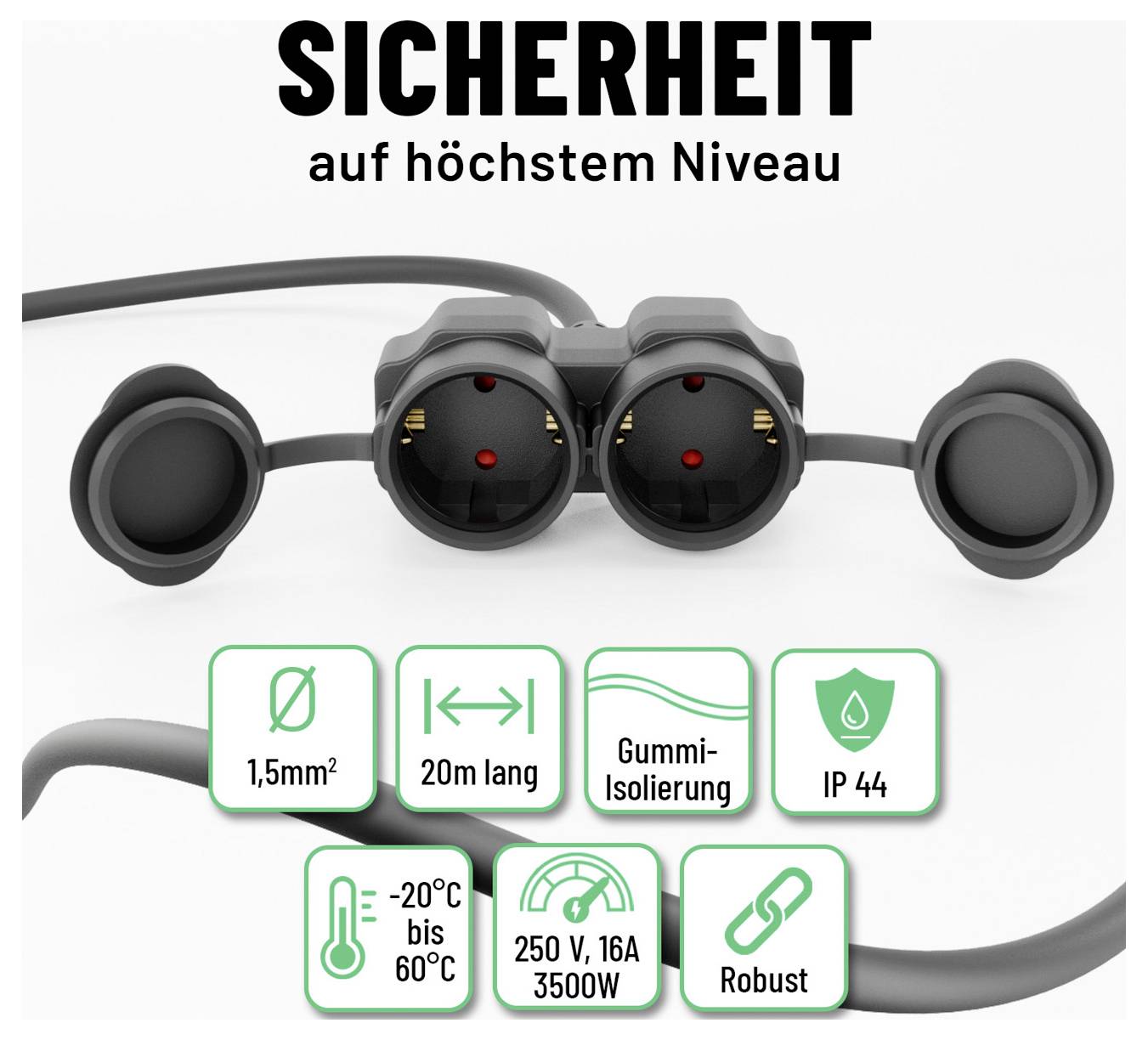 Image promotionnelle d'un câble d'alimentation extérieur noir avec prises doubles, étiqueté « SICHERHEIT auf höchstem Niveau », présentant les caractéristiques : 1,5 mm², 20 m, isolation en caoutchouc, IP44, -20°C à 60°C, 250 V 16 A 3500 W, robuste.