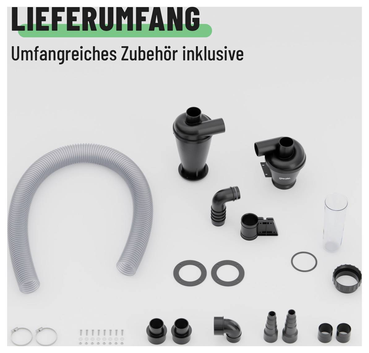Kit d'accessoires présenté avec tuyau, adaptateurs, bagues, colliers et raccords ; le texte indique « CONTENU DE LA LIVRAISON » et « Accessoires complets inclus ».