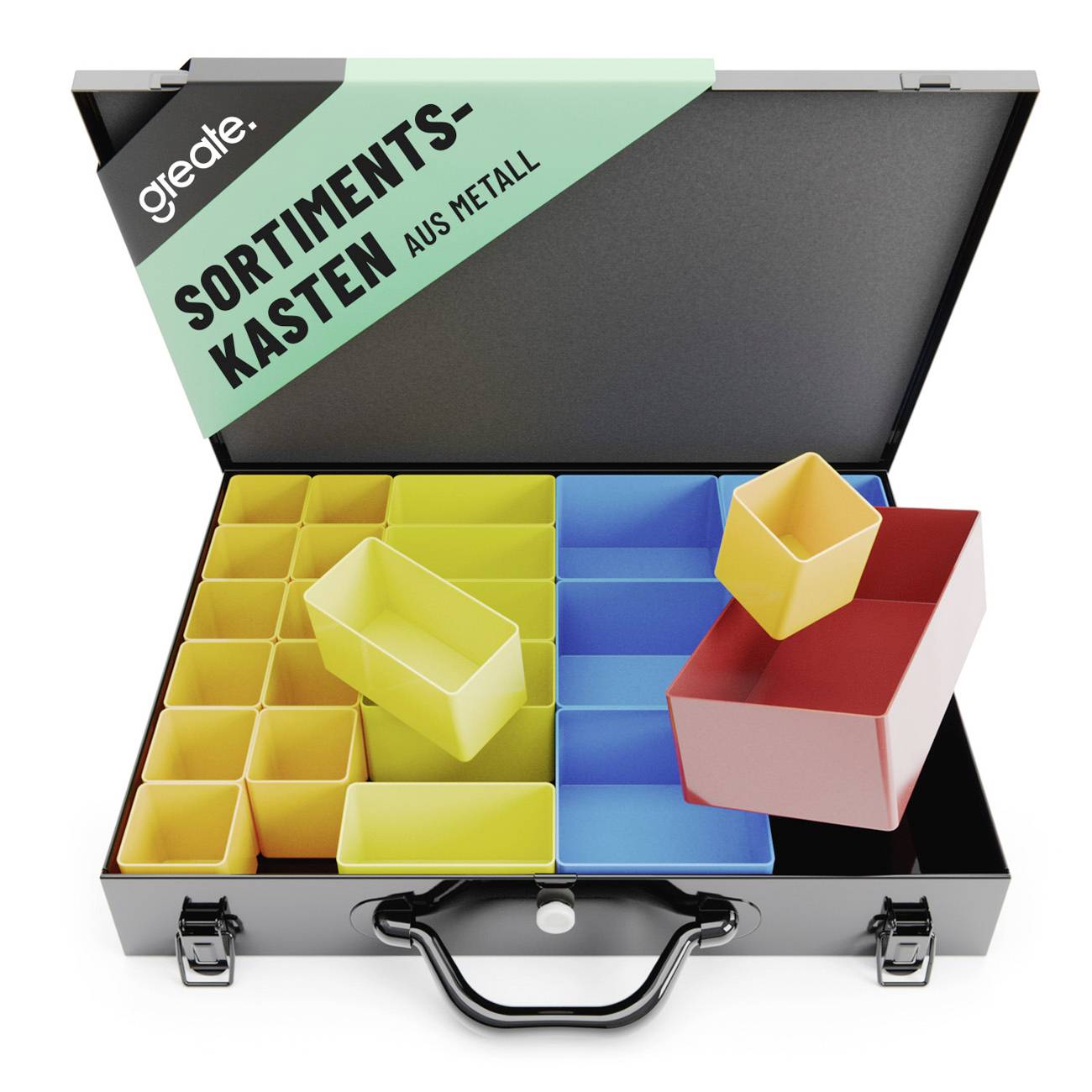 Boîte de tri en métal ouvert avec compartiments colorés et bacs d'insertion étiquetés « BOÎTE DE SORTIMENTS EN MÉTAL » sur le couvercle.