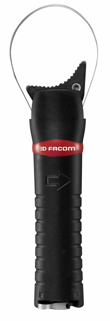 Outil portatif FACOM noir avec poignée texturée, bande logo rouge, et sommet du câble en boucle, présenté sur un fond blanc.