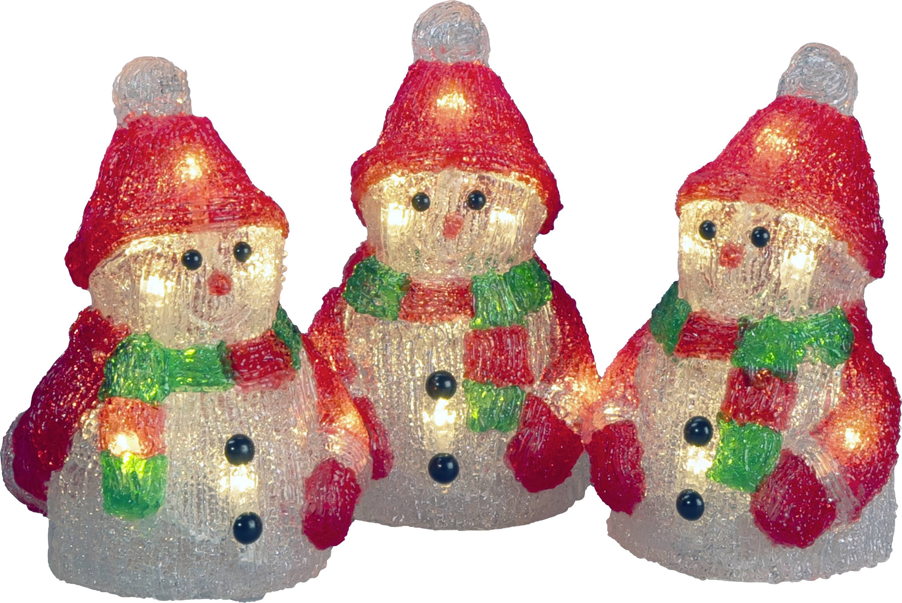 Trois décorations de bonhomme de neige illuminées pour les fêtes avec des chapeaux rouges et des écharpes, affichées côte à côte sur un fond blanc.