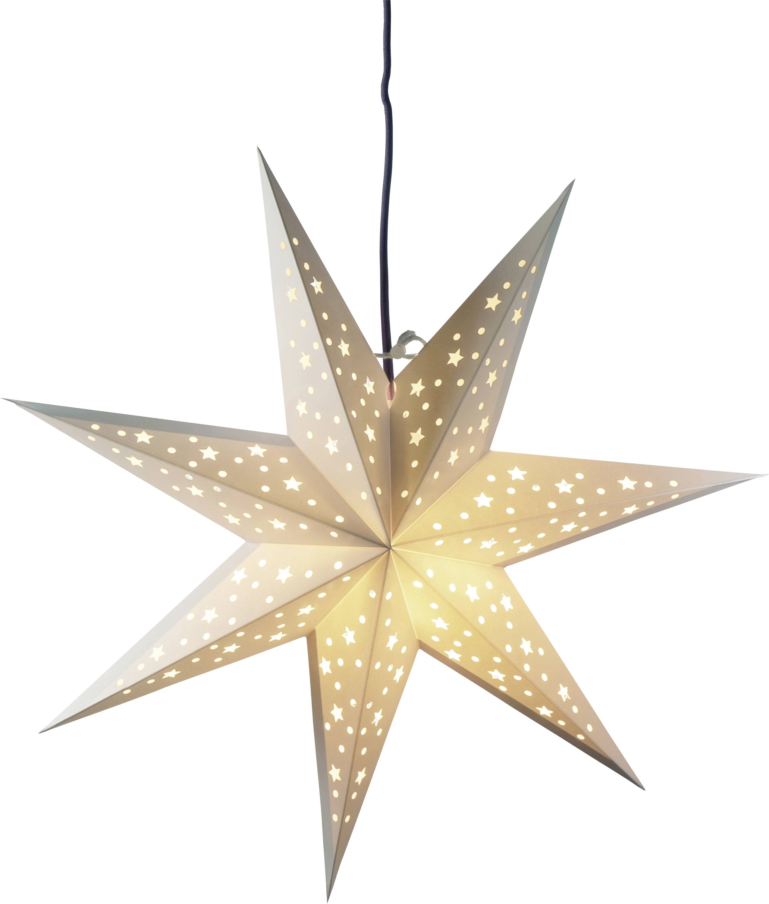 Lanterne en papier étoile illuminée suspendue avec des motifs d'étoiles découpés, brillant d'une lumière blanche chaude sur un fond uni.