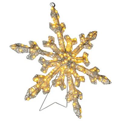 Ornement décoratif en forme de flocon de neige illuminé avec des lumières jaune chaud sur un fond blanc.