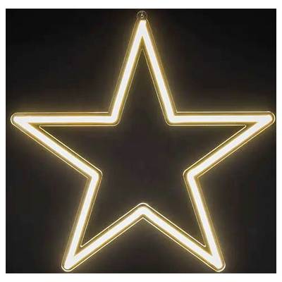 Enseigne néon en forme d'étoile à cinq branches brillante, délimitée par une lumière blanche chaude contre un fond sombre.