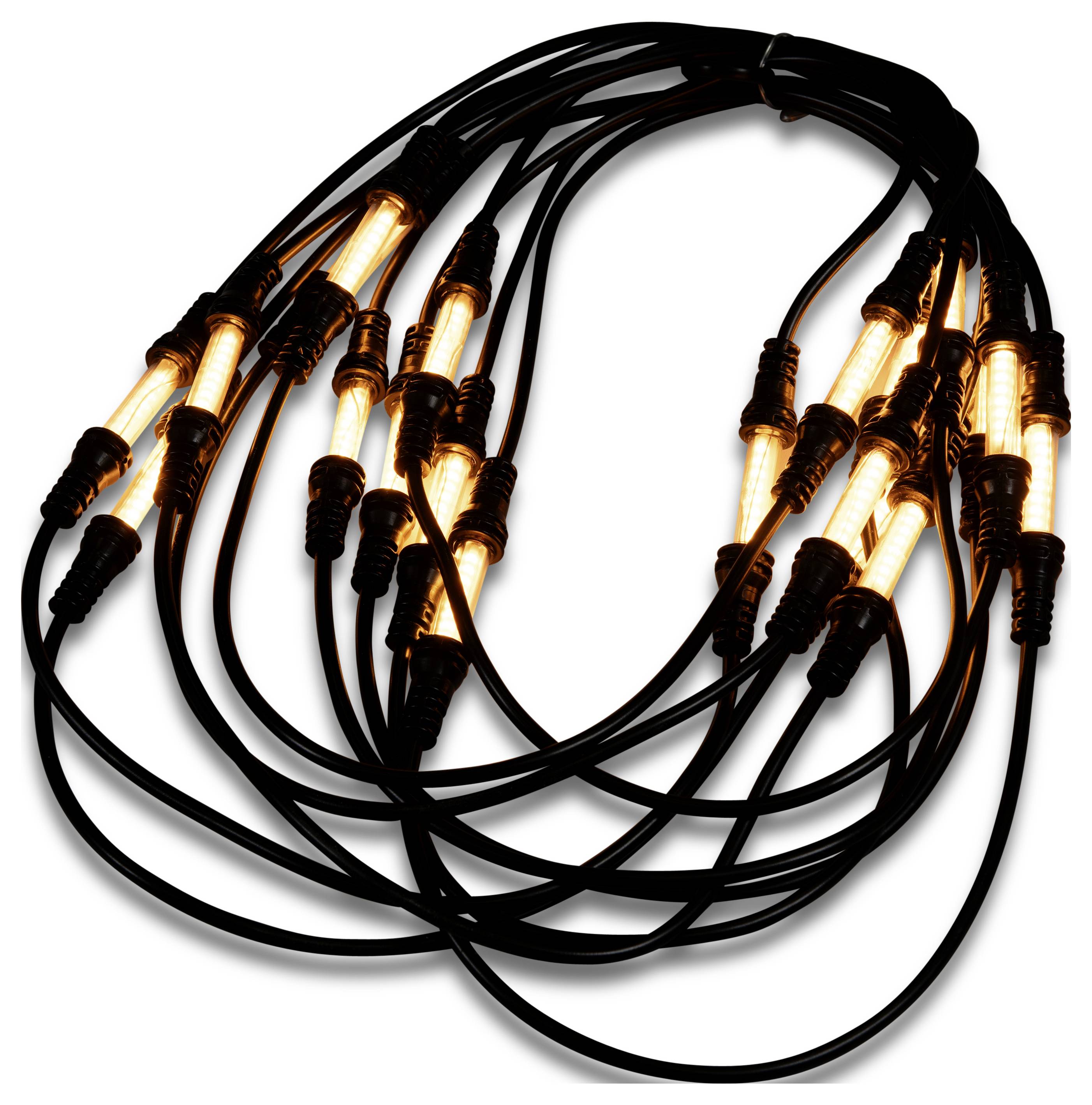 Câbles noirs enroulés avec plusieurs connecteurs intégrés orange lumineux, présentés sur un fond blanc.