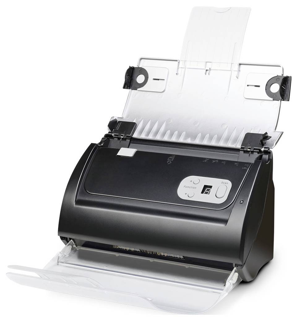 Déchiqueteuse de bureau avec bac d'alimentation ouvert et bac de sortie frontal transparent sur fond blanc.