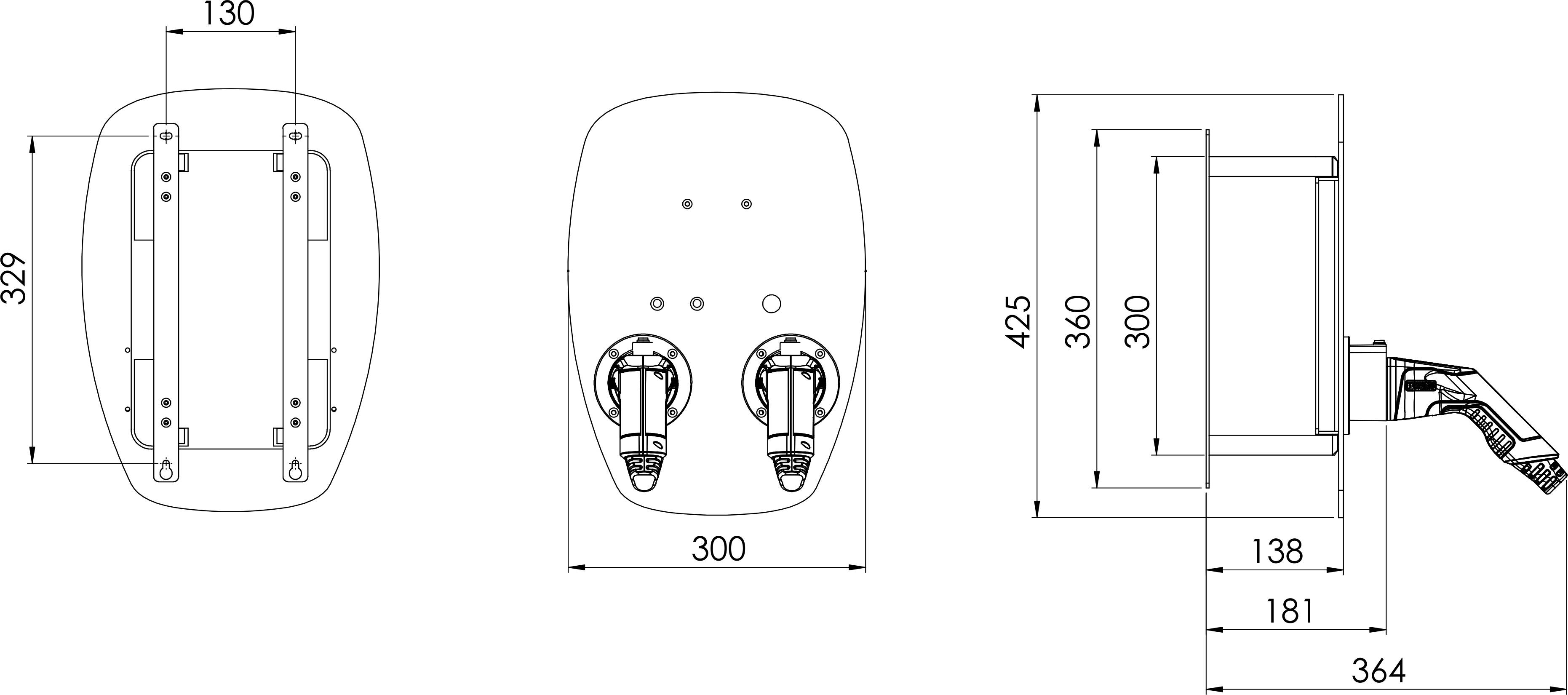 Dessin technique d'une unité murale montée présenté en vues de face et de côté avec des dimensions étiquetées 300, 329, 425, 364, 181, 138, et 130 mm.