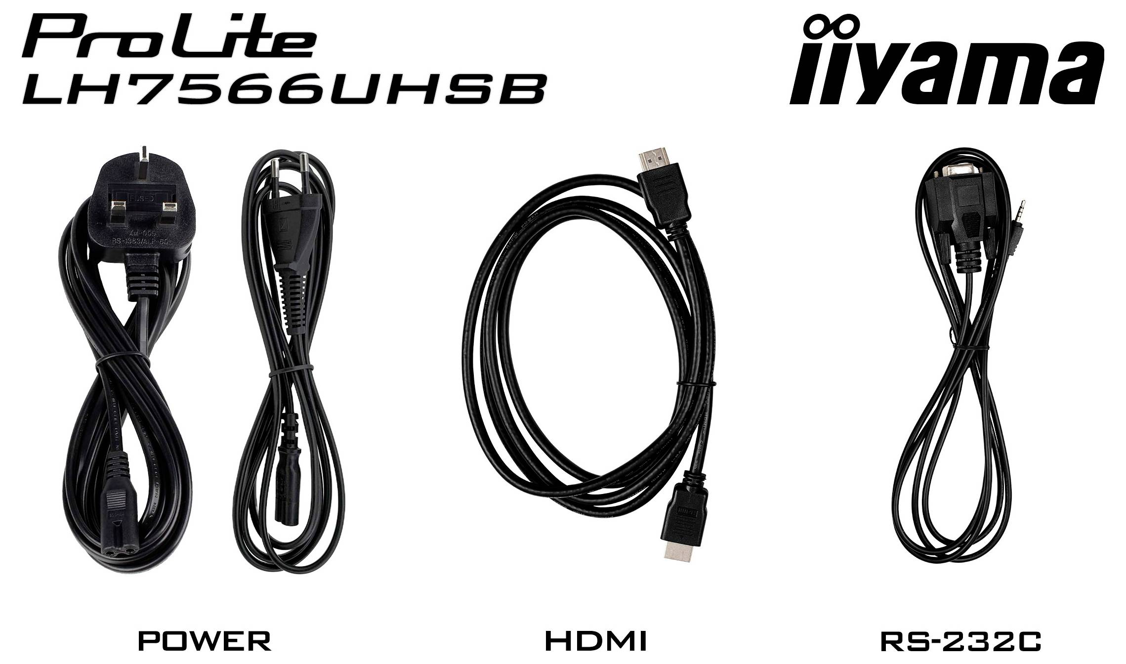 Image des accessoires iiyama ProLite LH7566UHSB montrant le câble d'alimentation inclus, le câble HDMI et le câble RS-232C.