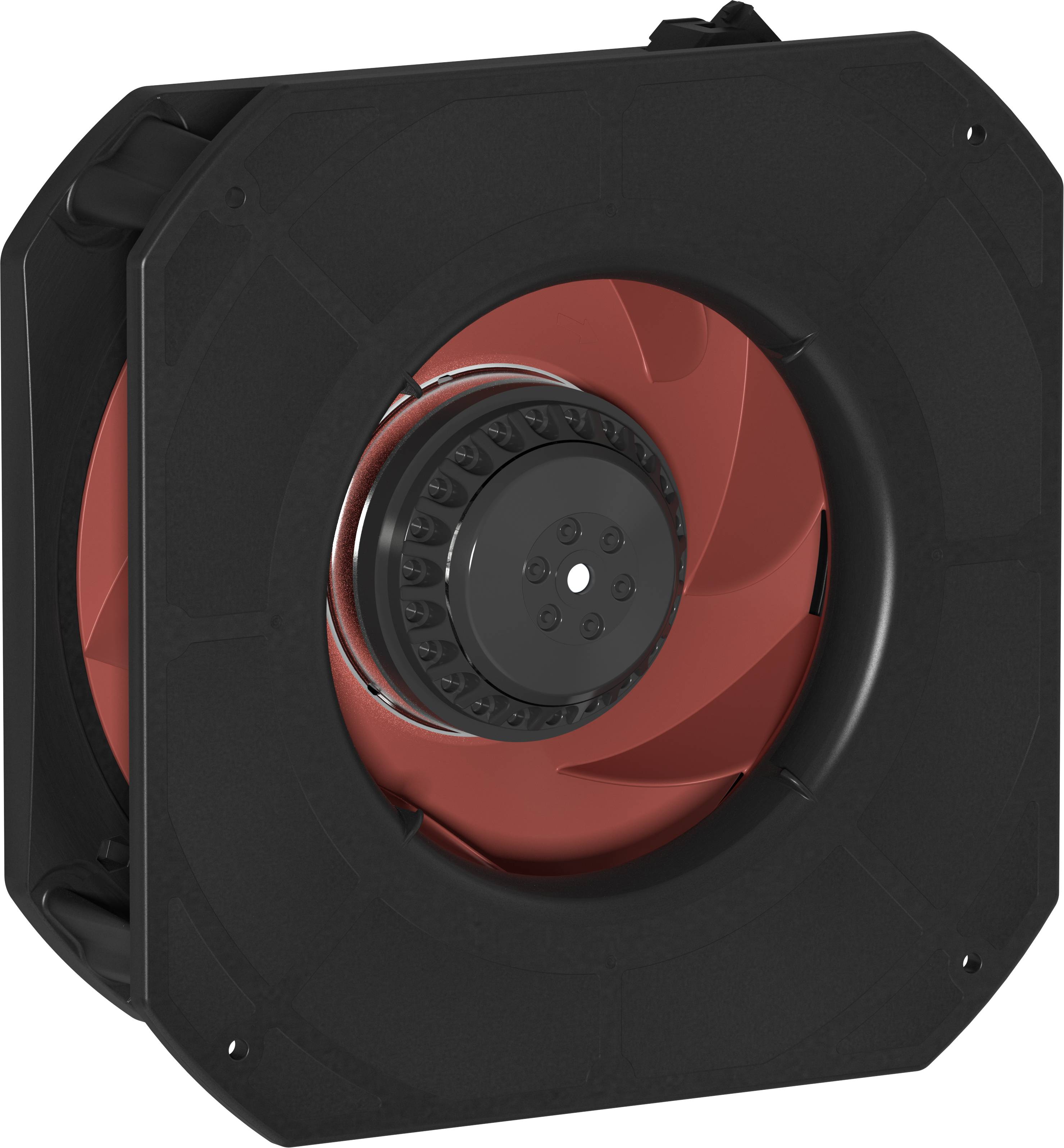Ventilateur de refroidissement informatique noir carré avec des pales rouges, montré de face sur un fond blanc.