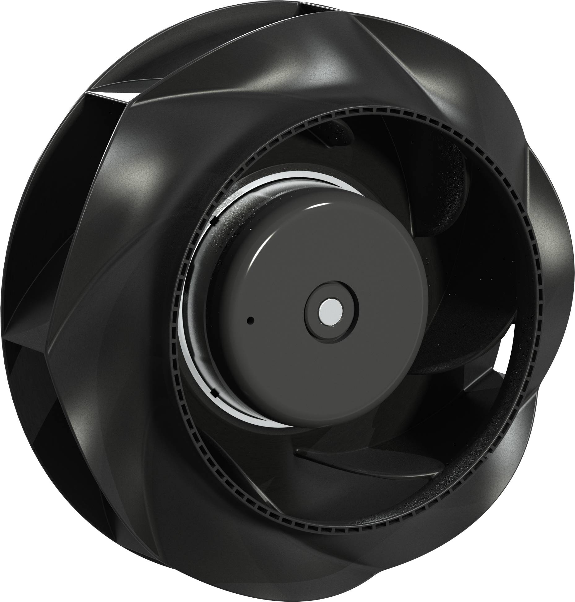 Ventilateur centrifuge noir ou moteur de soufflante avec boîtier circulaire et moyeu central visible, présenté sur fond blanc.