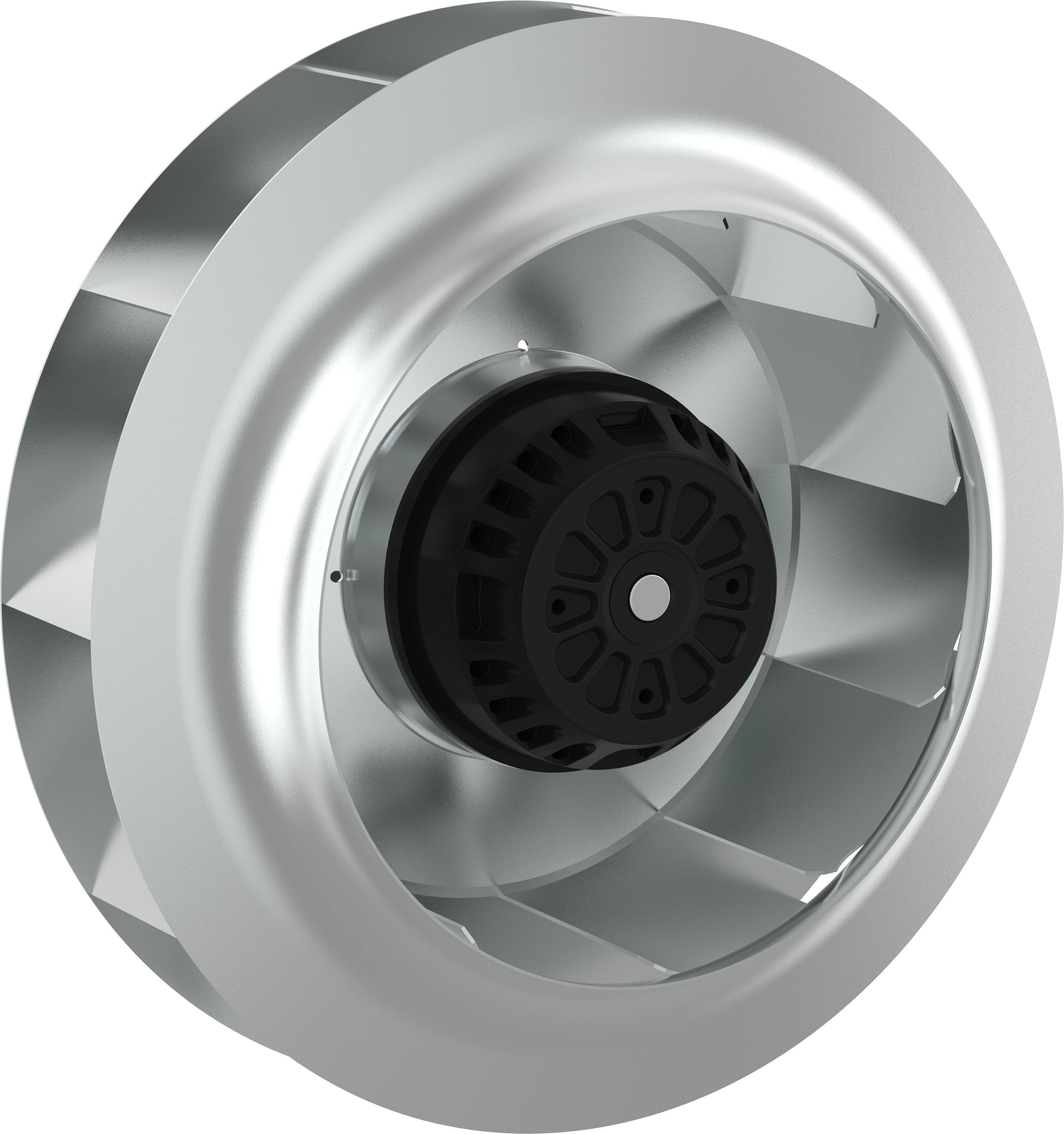 Un ventilateur centrifuge ou une roue de soufflante métallique brillante avec un moyeu de moteur noir central sur un fond blanc.