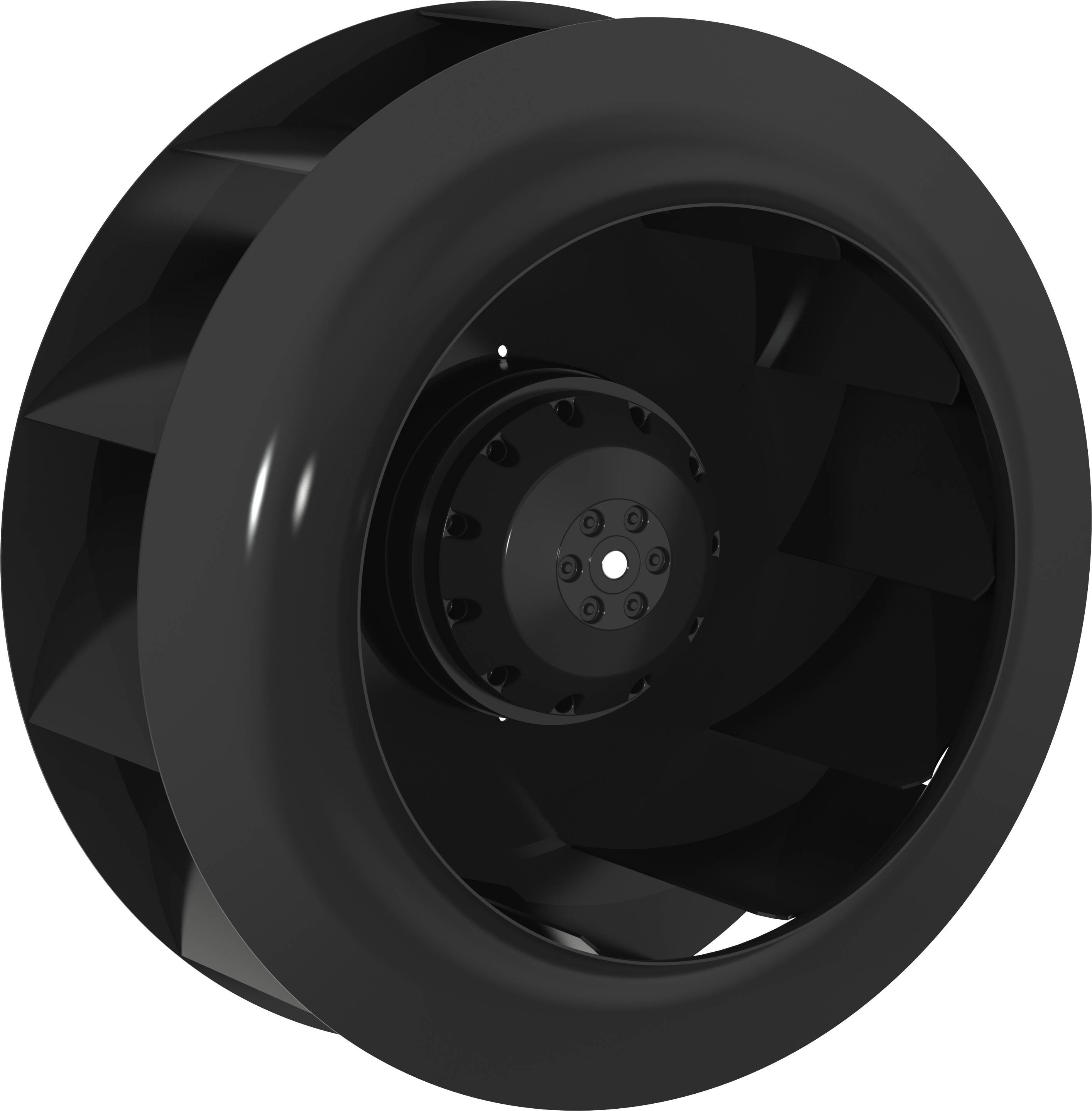 Ventilateur ou roue de turbine industrielle noire avec plusieurs pales, présenté en gros plan sur un fond blanc.