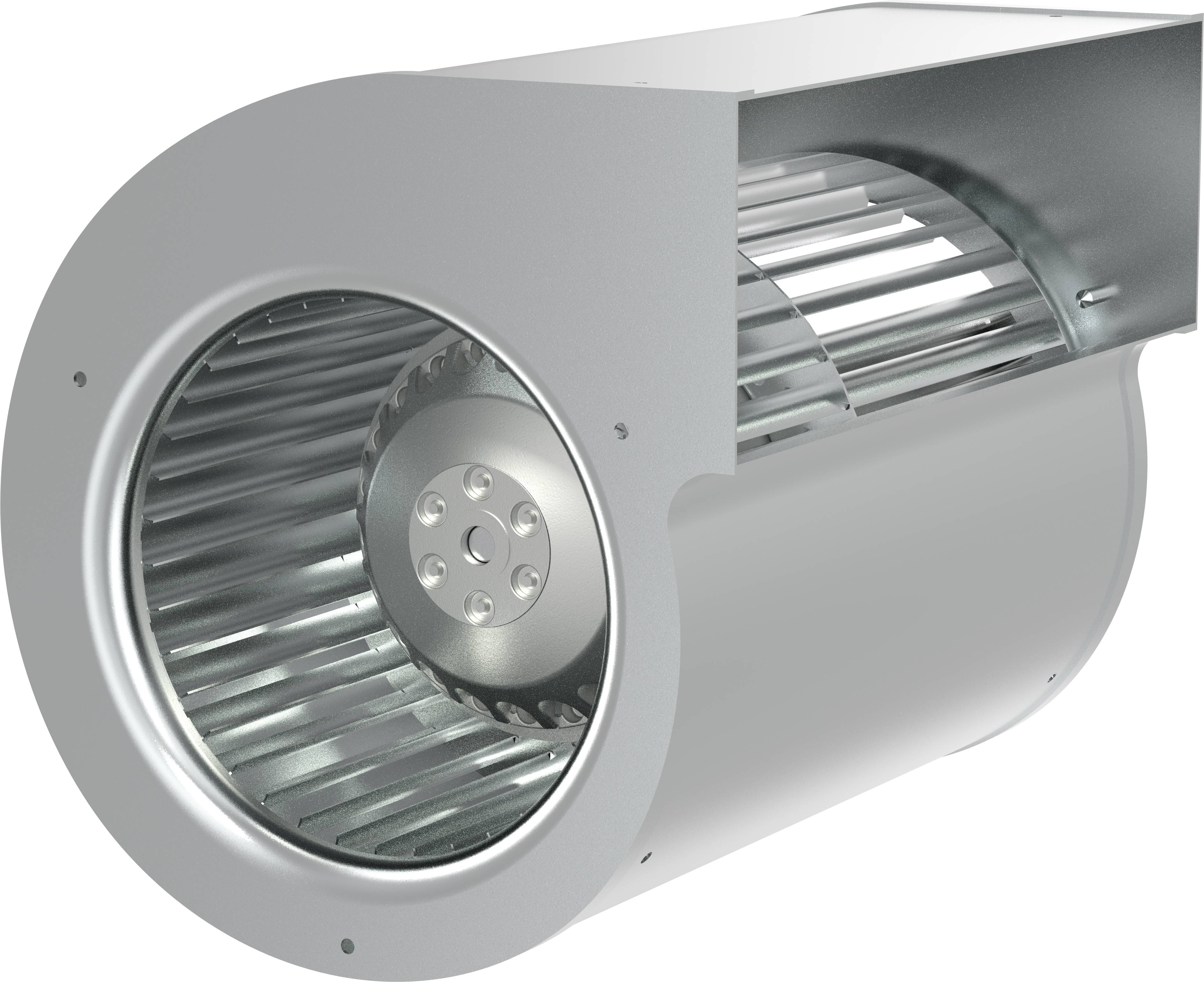 Ventilateur centrifuge en métal cylindrique avec turbine interne visible et sortie latérale, présenté sur fond blanc.