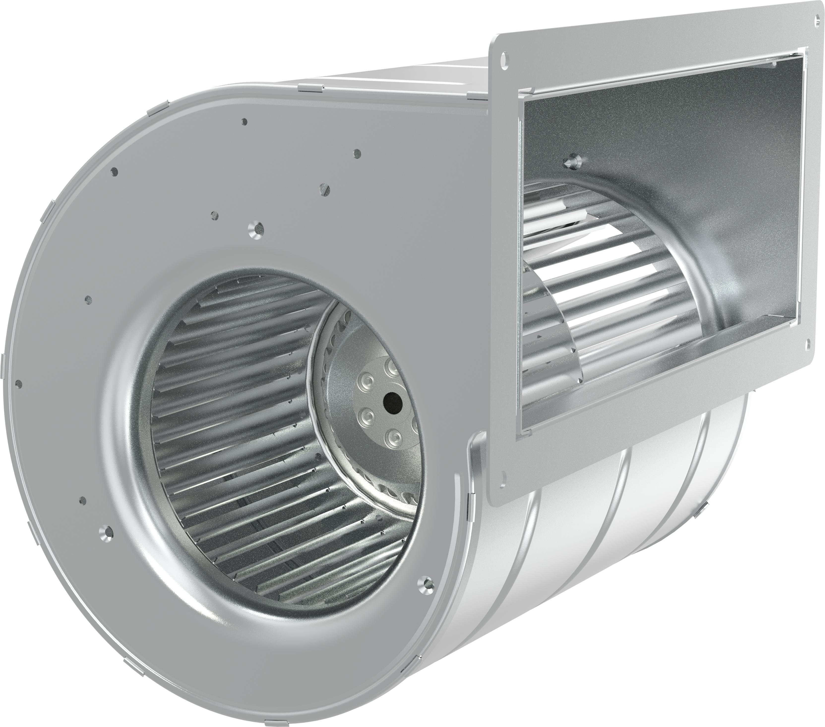 Boîtier de ventilateur à soufflante centrifuge en métal avec aubes internes visibles et conduit de sortie rectangulaire, présenté sur un fond blanc.