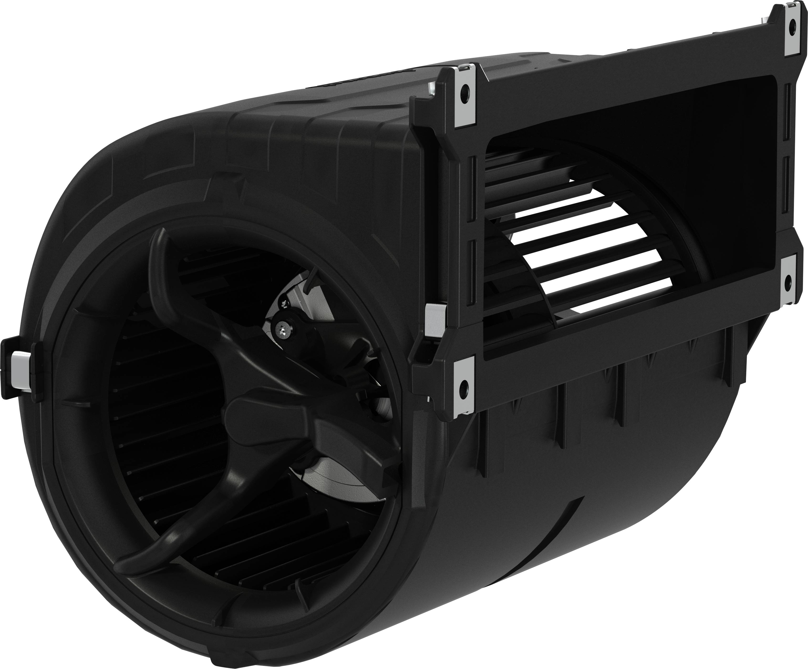 Ventilateur de conduit HVAC cylindrique noir avec pales internes visibles et cadre de montage sur fond blanc.