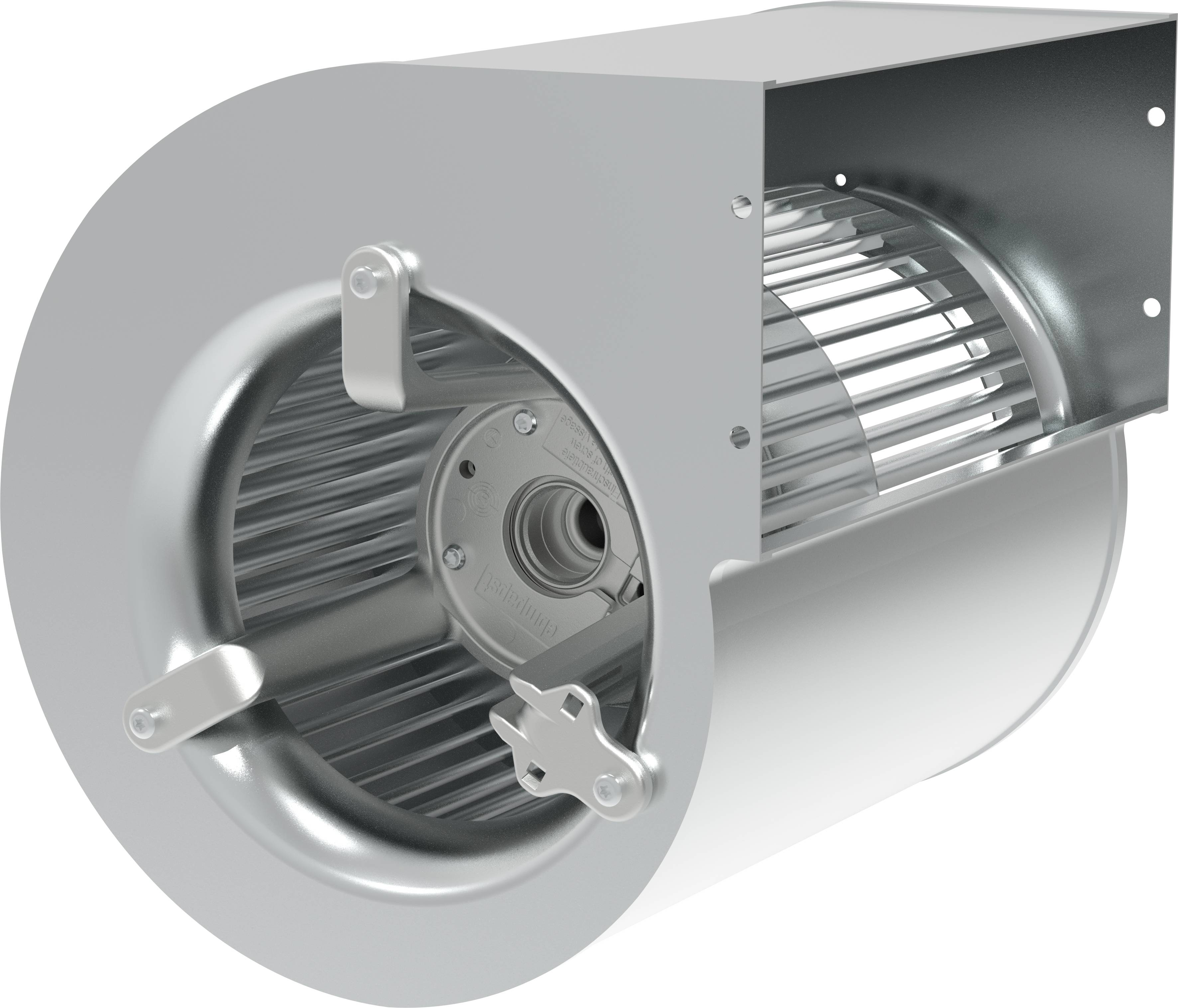 Rendu 3D d'un ventilateur de conduit cylindrique ou souffleur avec carter métallique et aubes internes visibles, présenté dans une vue en coupe sur fond blanc