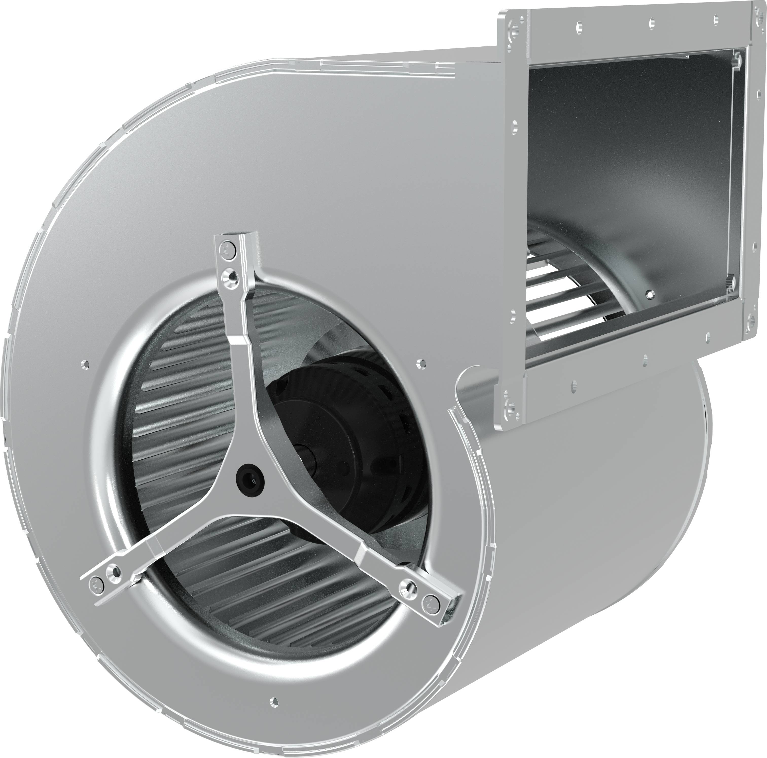 Ventilateur centrifuge industriel avec boîtier métallique et sortie de conduit rectangulaire, présenté en vue de produit sur fond blanc.