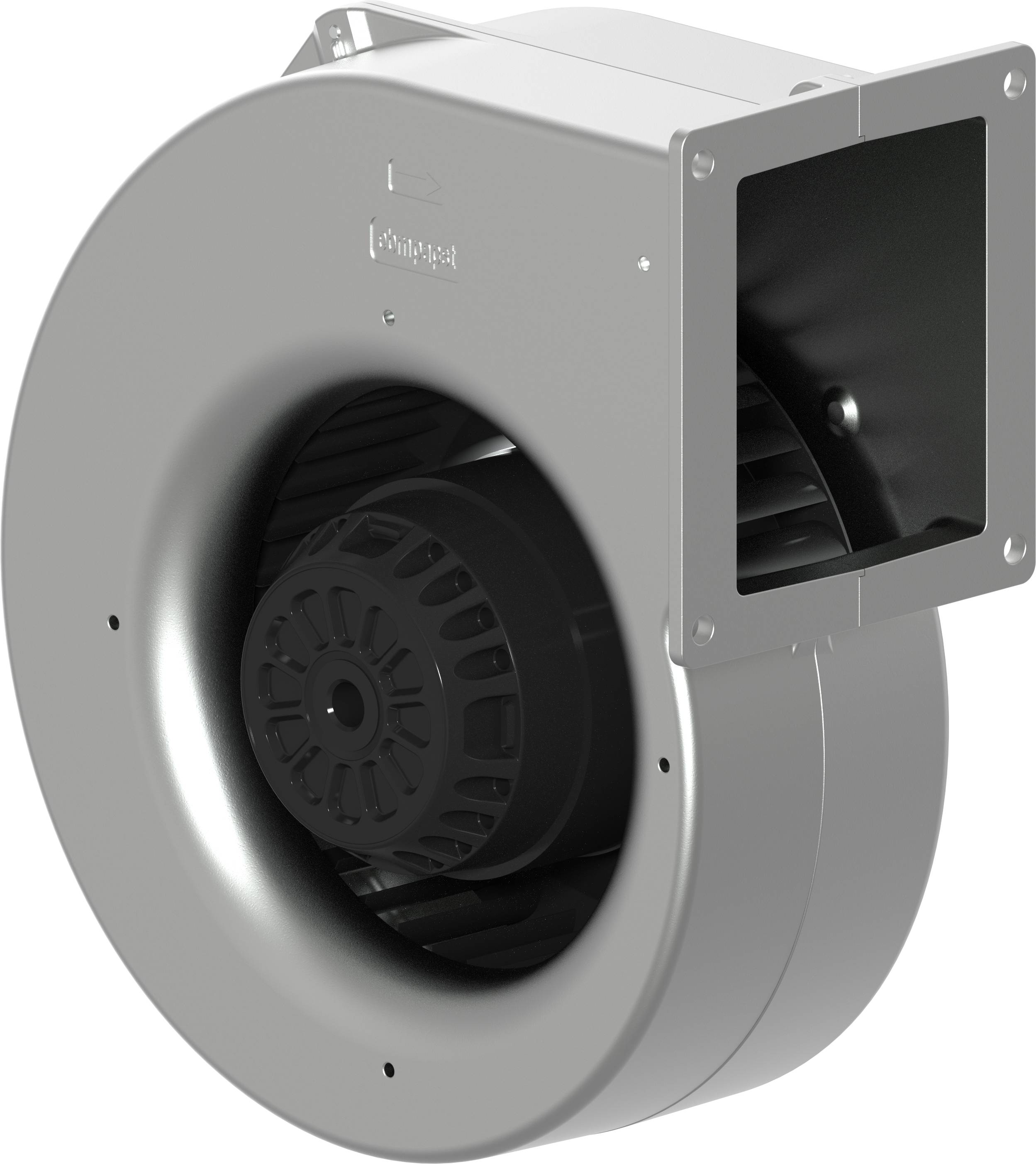 Ventilateur centrifuge gris avec sortie carrée, présenté dans une vue de style produit sur fond blanc.