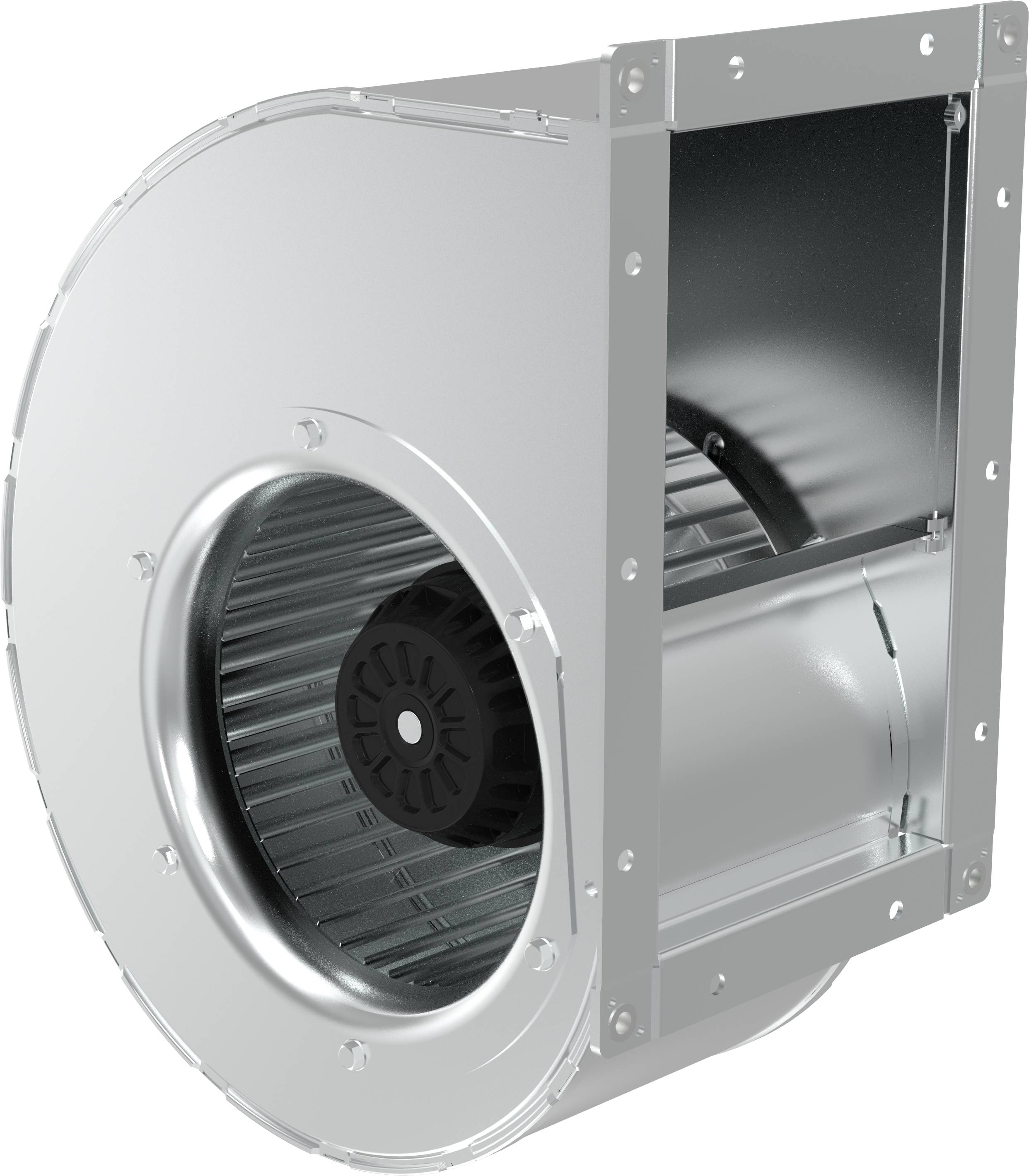 Ensemble de ventilateur soufflant de ventilation métallique avec prise d'air circulaire et boîtier rectangulaire, présenté dans une vue isolée de style produit.