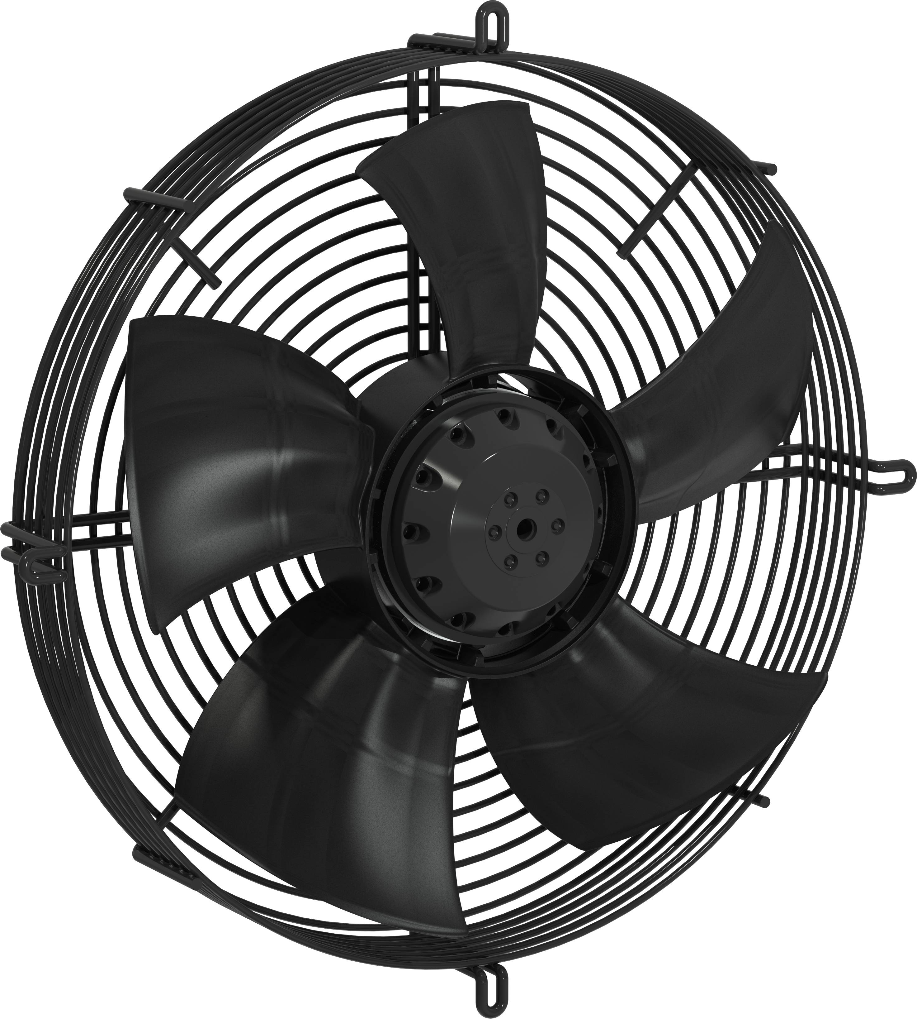 Ventilateur industriel noir monté au mur avec cinq pales et grille de protection circulaire, présenté en vue de face sur fond blanc.