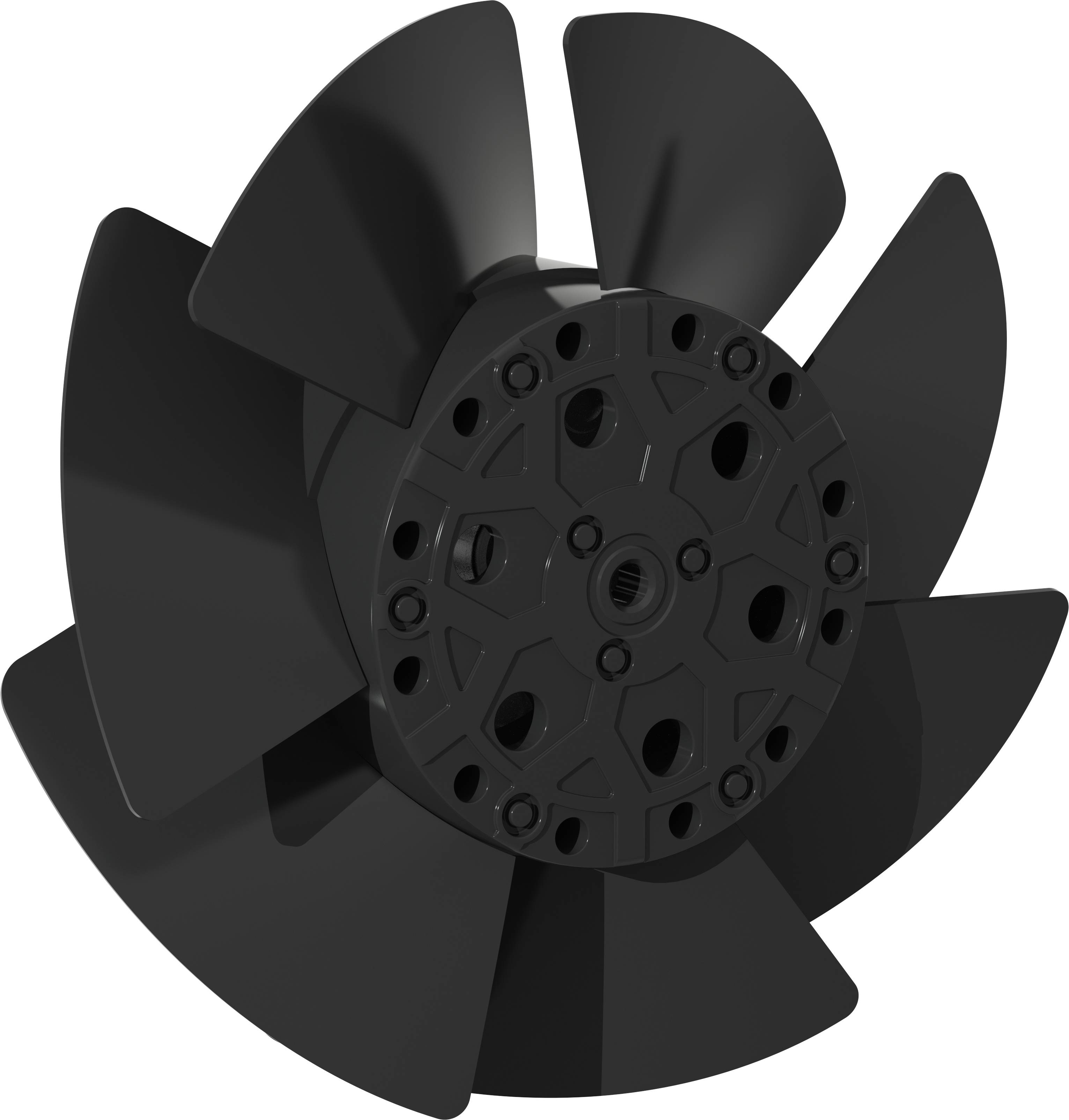 Ventilateur industriel noir ou roue de soufflante avec de multiples pales courbes sur un fond blanc.