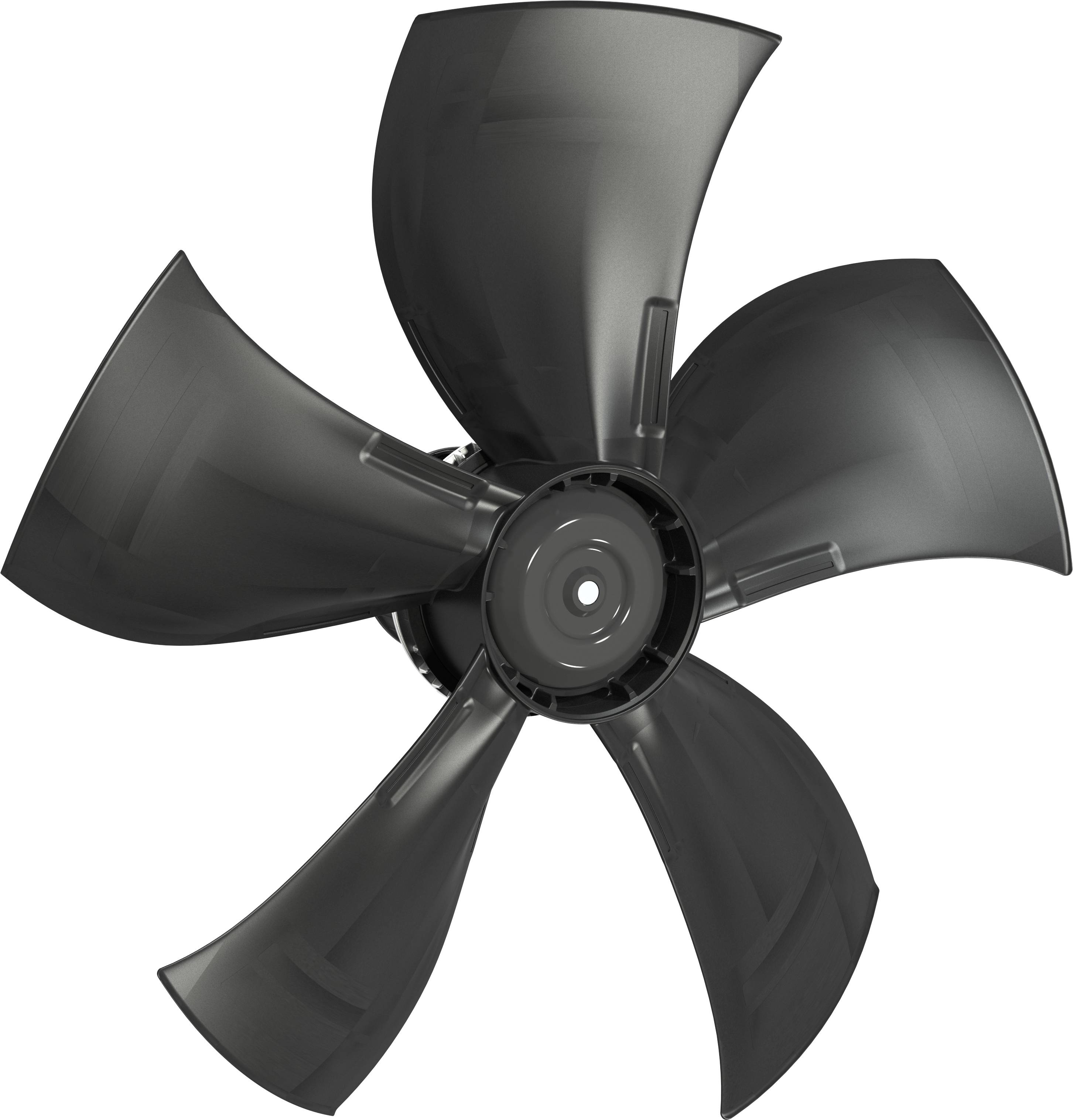 Ventilateur industriel à cinq pales noir sur fond blanc, vue centrée de l'assemblage du rotor.
