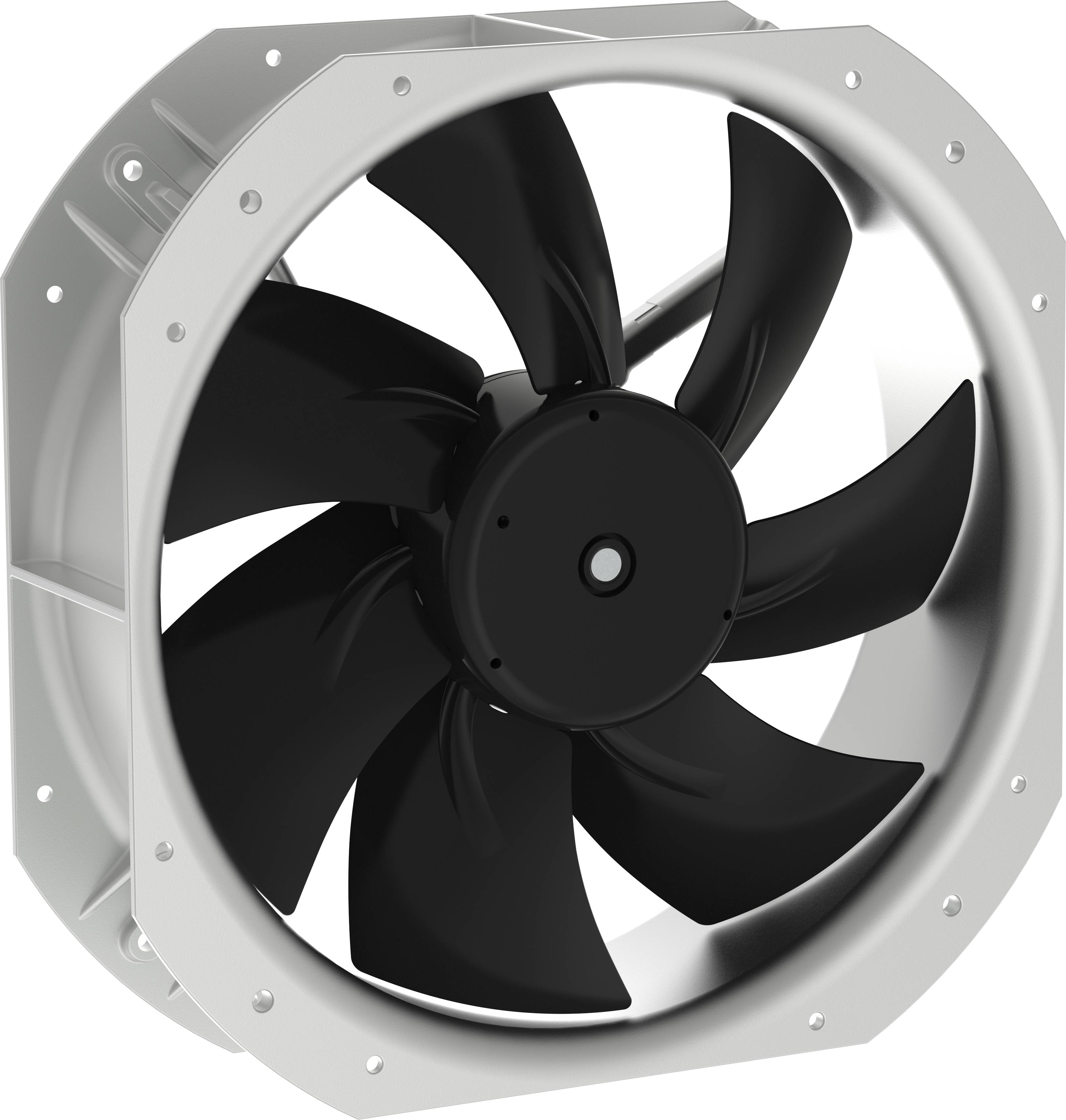Grand ventilateur de refroidissement axial noir dans un boîtier métallique carré avec cadre de montage circulaire et trous de boulonnage, présenté sur un fond blanc.