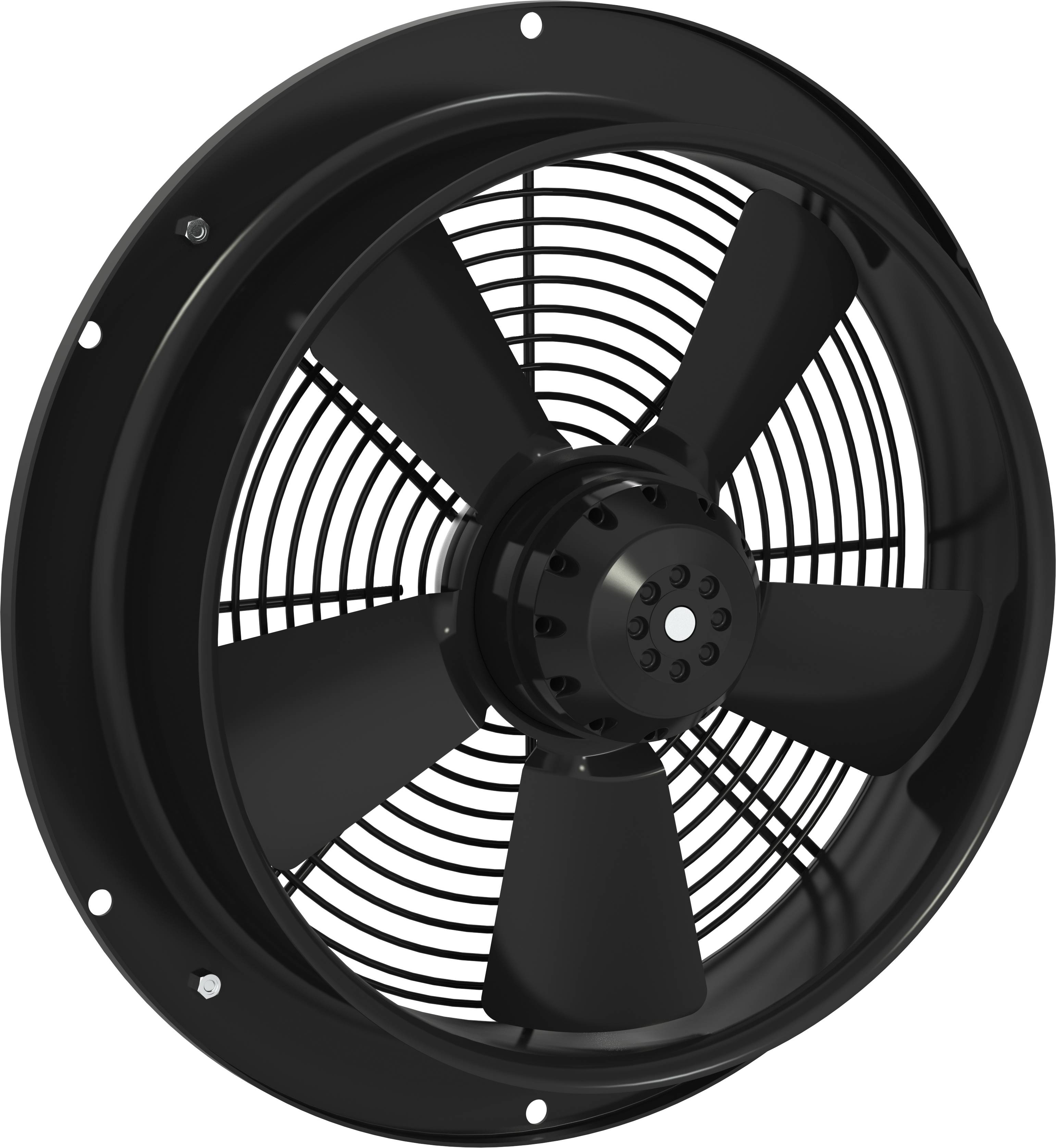 Ventilateur de ventilation mural industriel noir avec cinq pales et grille de protection, présenté de face sur un fond blanc.