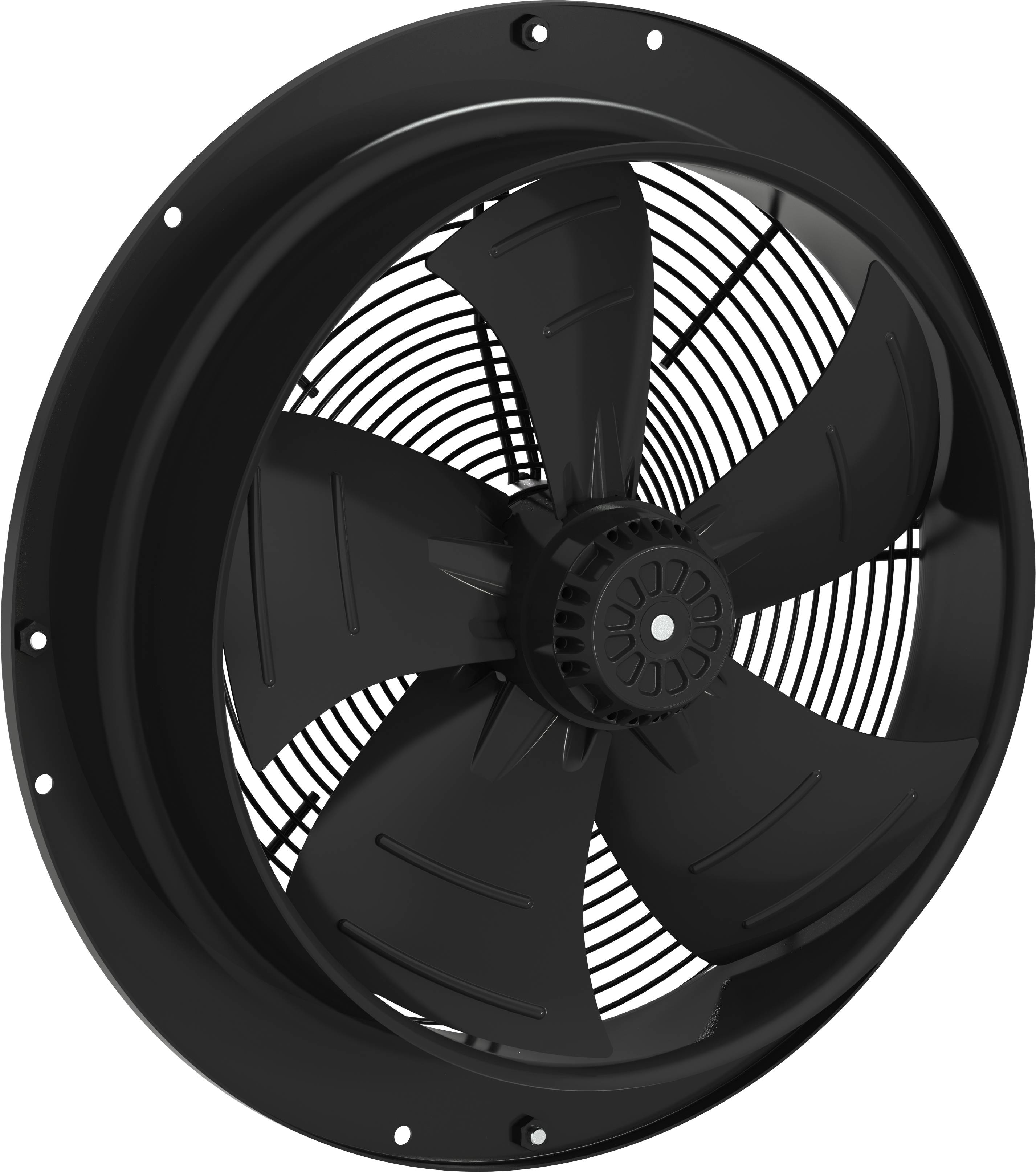 Ventilateur axial industriel noir avec cinq pales dans un cadre de montage circulaire, vu de face sur un fond blanc.