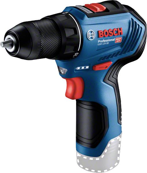 Perceuse-visseuse sans fil Blue Bosch Professional avec mandrin noir et gâchette rouge, présentée sur un fond blanc.
