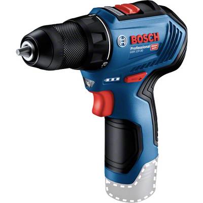 Perceuse-visseuse sans fil Blue Bosch Professional avec mandrin noir et gâchette rouge, présentée sur un fond blanc.