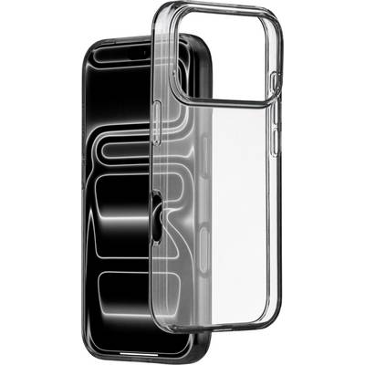 Étui de téléphone transparent montrant une couverture partielle d'un smartphone noir, mettant en évidence l'ajustement de protection et la découpe de l'appareil photo.