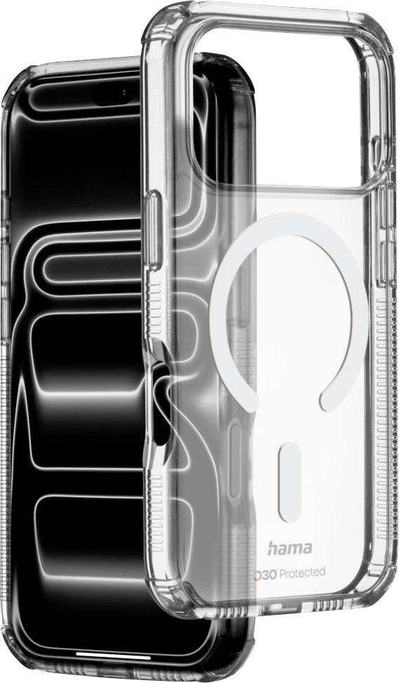 Étui de protection transparent pour téléphone présenté sur un smartphone noir, mettant en évidence l'anneau circulaire de style MagSafe à l'arrière.
