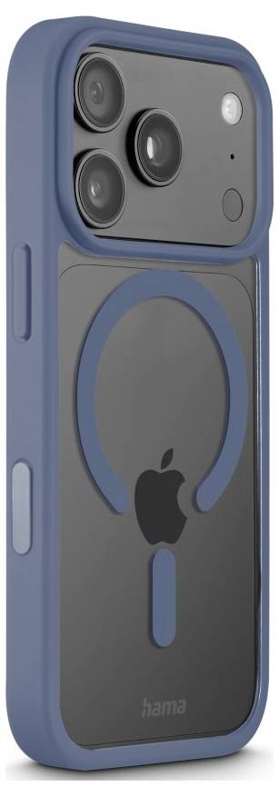 Étui de smartphone bleu avec un anneau magnétique à l'arrière, présentant des découpes pour trois objectifs de caméra arrière et un petit flash
