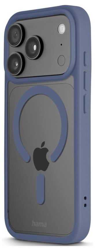 Étui de smartphone bleu avec découpe de caméra surélevée et anneau de style MagSafe circulaire autour d'une découpe de logo Apple.