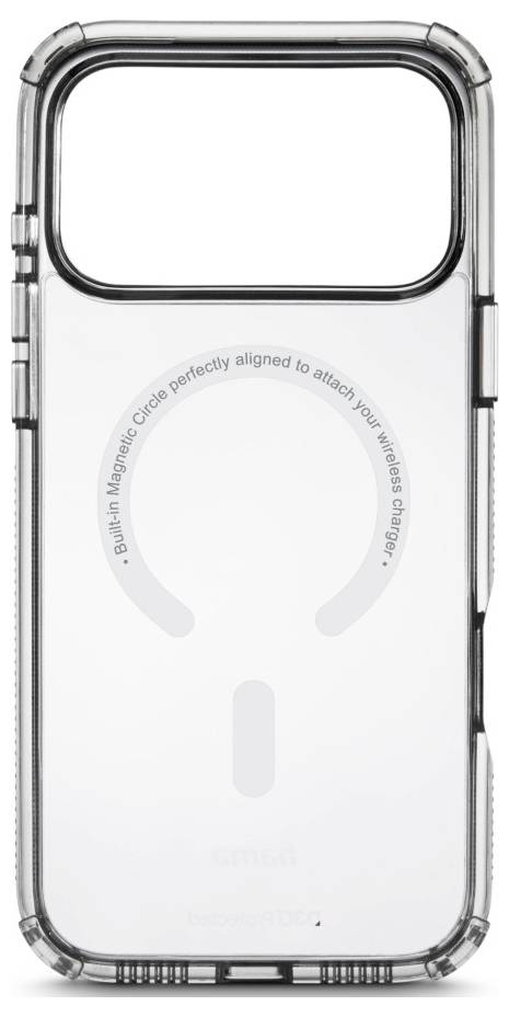 Étui de téléphone transparent avec cercle MagSafe intégré et marque d'alignement inférieur, présenté en vue de face sur un fond blanc.