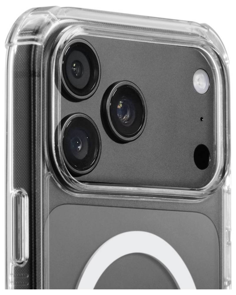 Gros plan d'un smartphone dans une coque de protection transparente, montrant le triple capteur photographique arrière et l'anneau magnétique à l'arrière.
